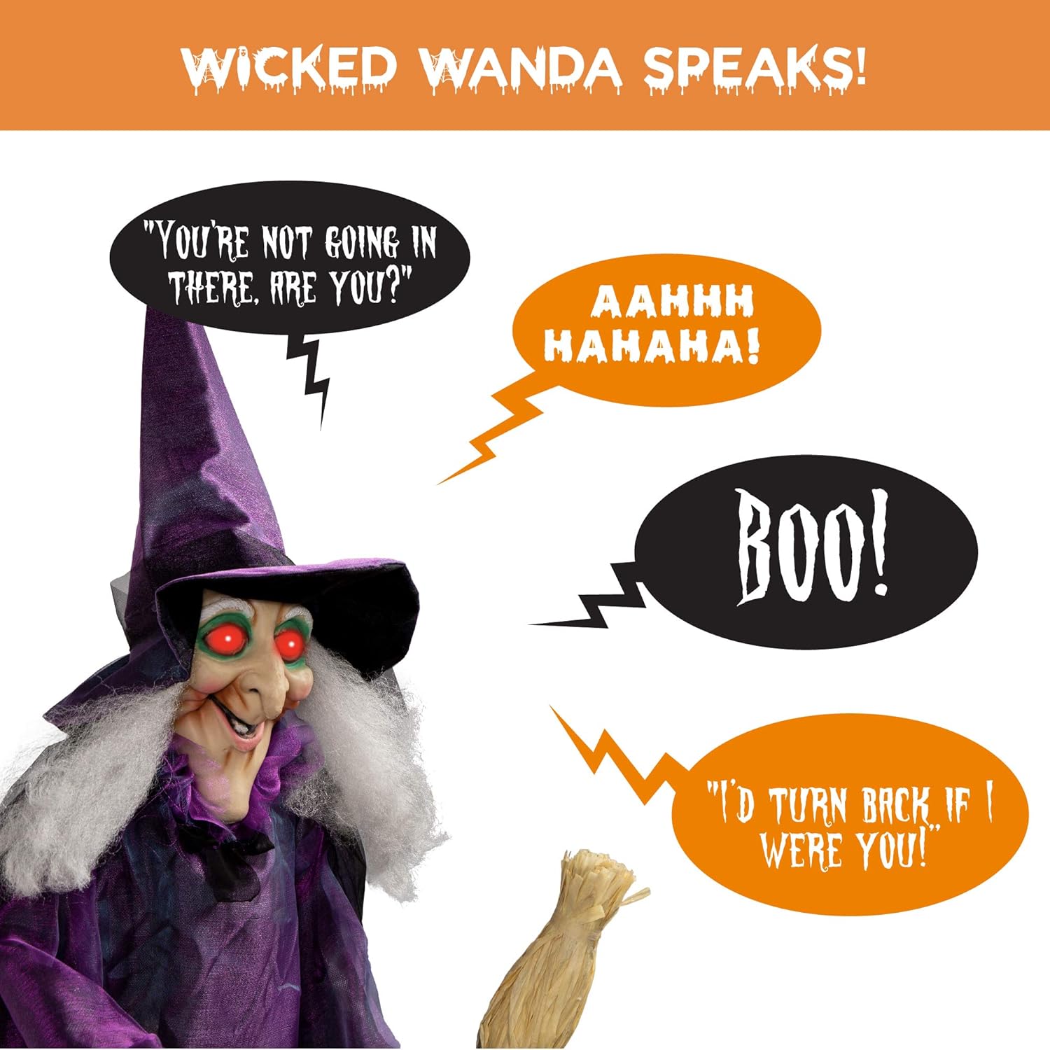Best Choice Products Bruja animatrónica de Halloween de 5 pies, Wanda malvada de pie, figura decorativa con frases pregrabadas, ojos LED brillantes,