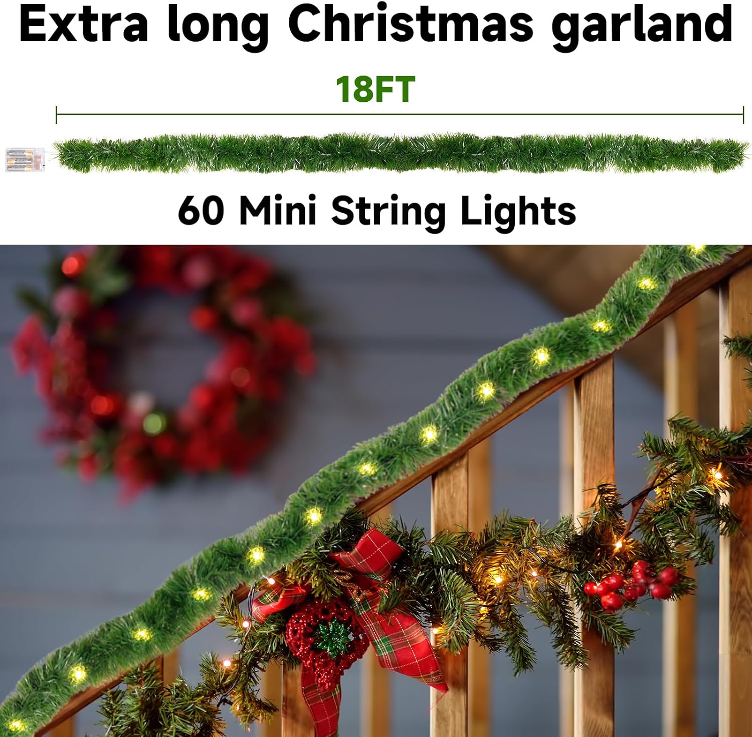 Guirnalda de Navidad de 18 pies, 60 luces LED preiluminadas, guirnalda de Navidad artificial, decoración de Navidad iluminada para interiores,