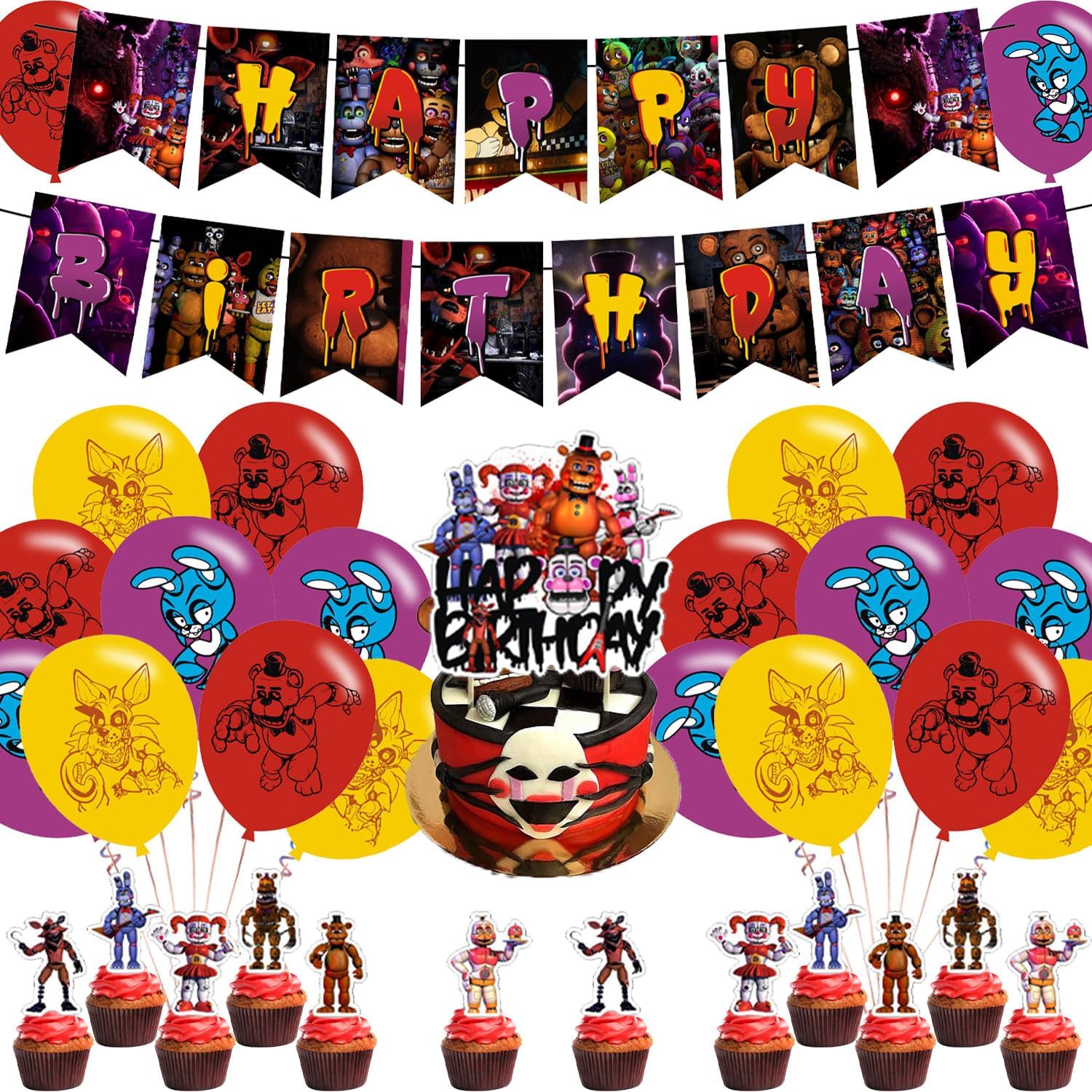 Decoración temática de fiesta de cumpleaños para niños con 1 pancarta de feliz cumpleaños, 12 adornos para cupcakes, 18 globos para fiestas