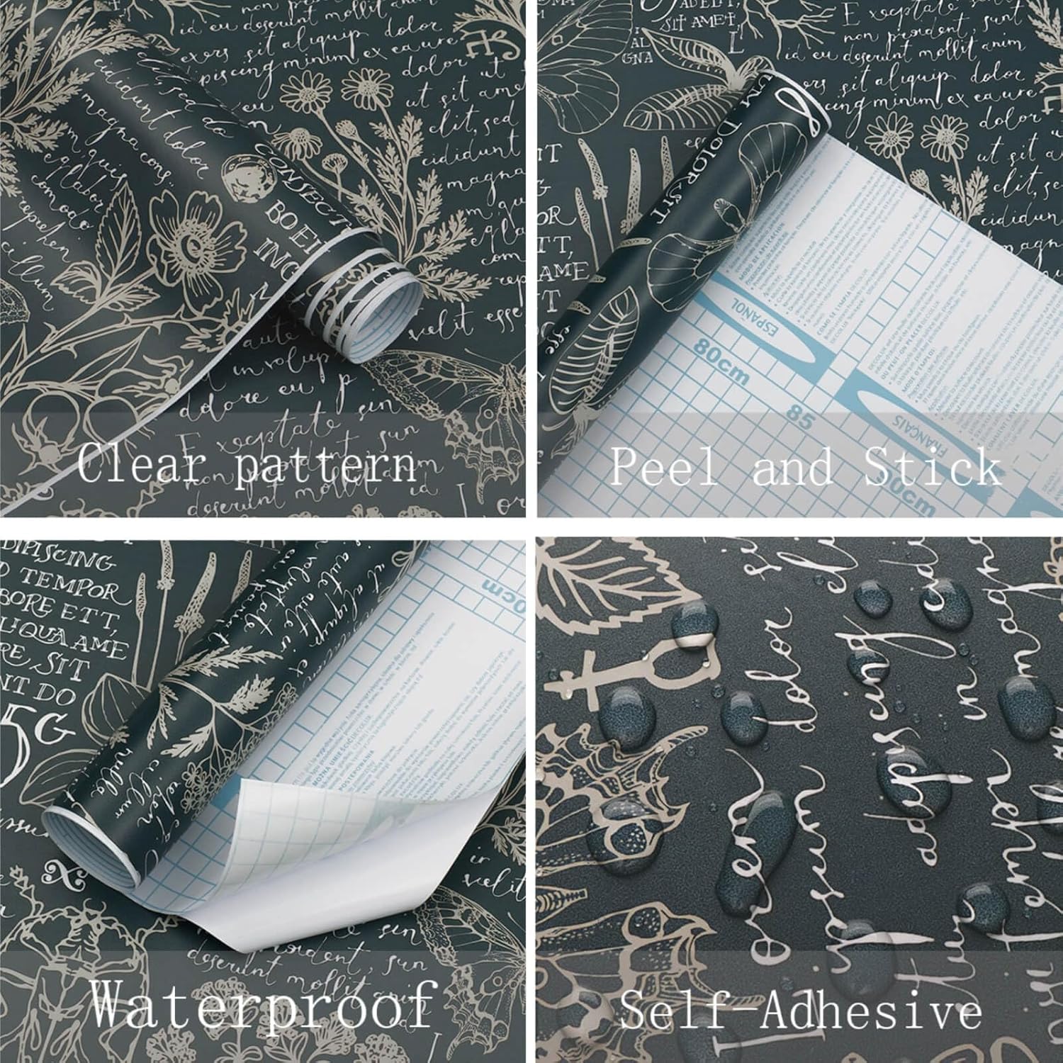 Heroad Papel tapiz bohemio de la marca para despegar y pegar, papel de contacto con hojas, mariposa, extraíble, azul oscuro, vintage, para