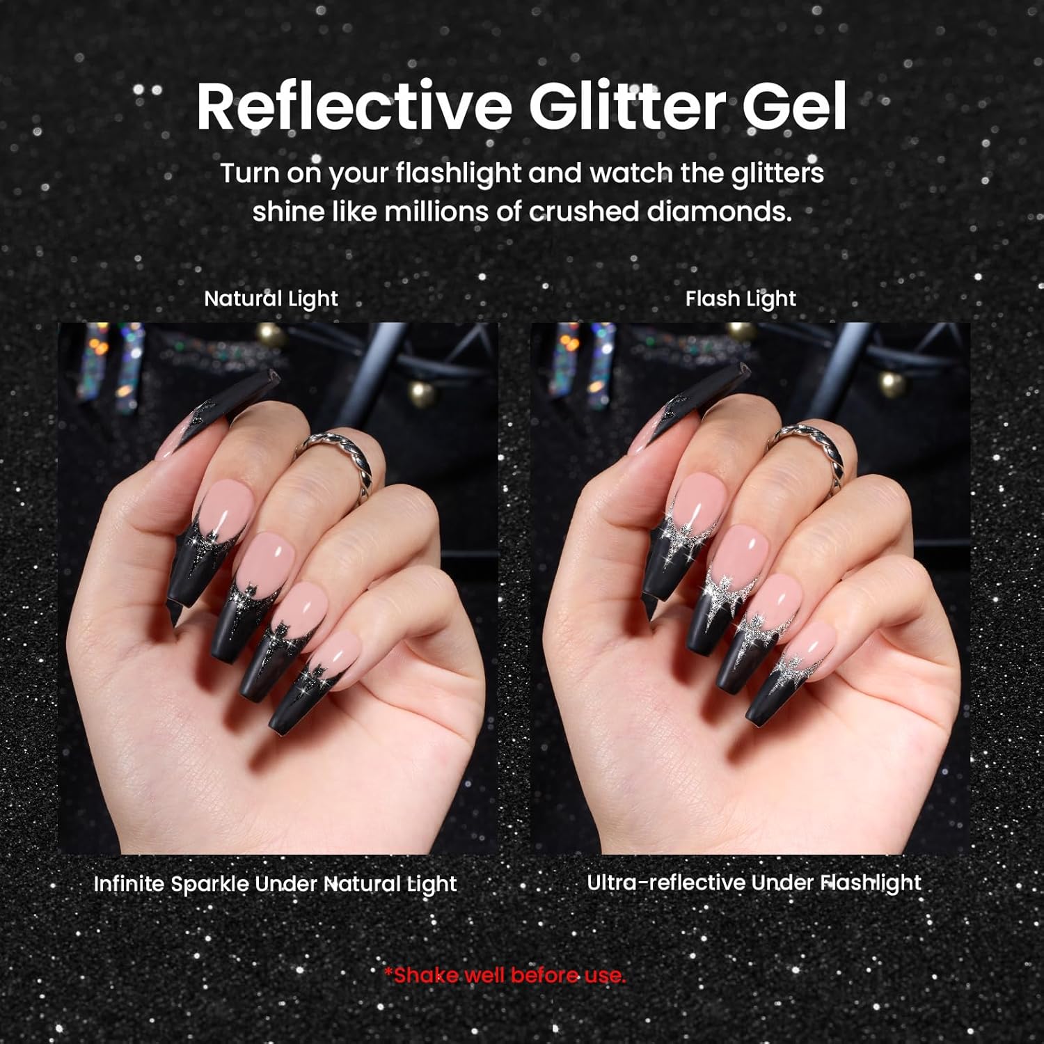 Beetles Gel Polish Juego de 2 esmaltes de uñas con revestimiento de purpurina Midnight Clubbing, esmalte de uñas de gel negro plateado con purpurina