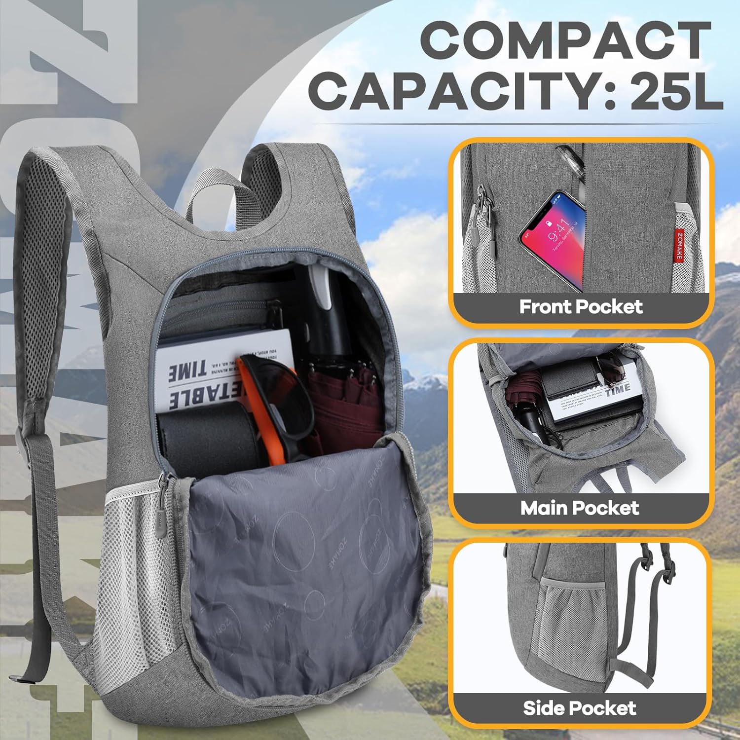 ZOMAKE Mochila pequeña de senderismo plegable de 10 litros, mochila ligera para senderismo para viajes, resistente a desgarros, plegable, paquete de