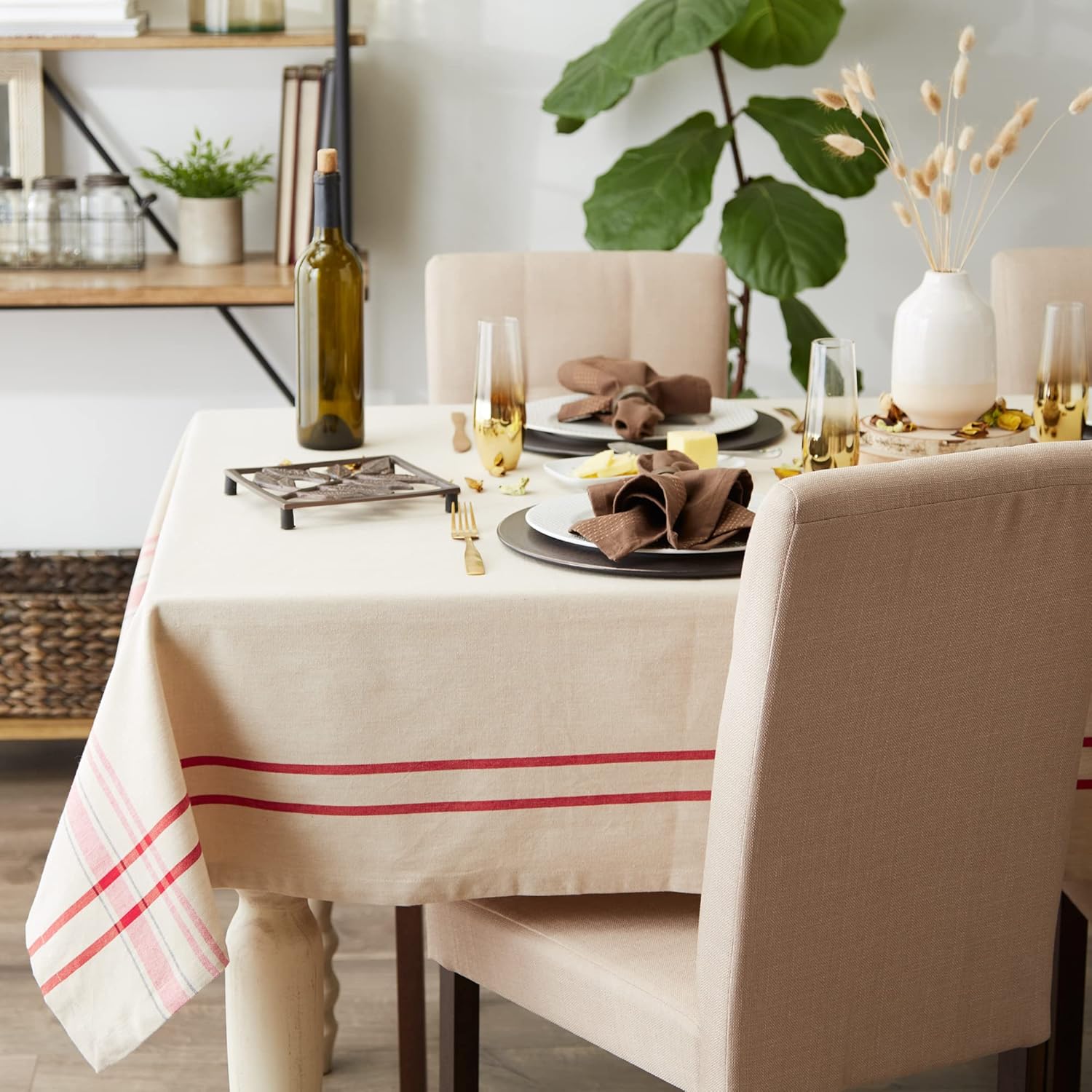 DII – Mantel para mesa de comedor, estilo rústico, colección de manteles con rayas estilo francés, 60 x 84 pulgadas, color gris pardorojo.