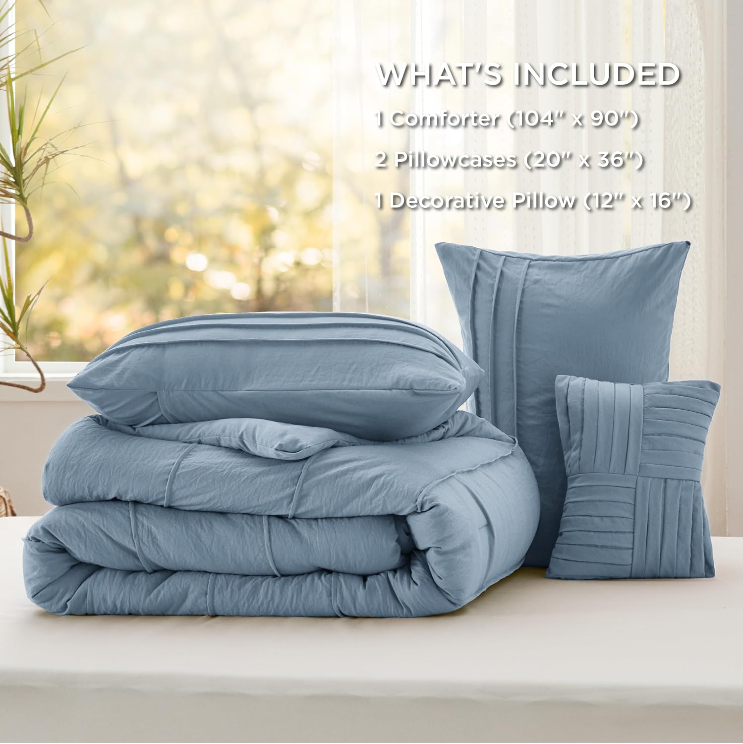 Bedsure Juego de edredón de 4 piezas, color azul claro, tamaño King, juego de cama plisado de plumón alternativo para todas las estaciones, 1