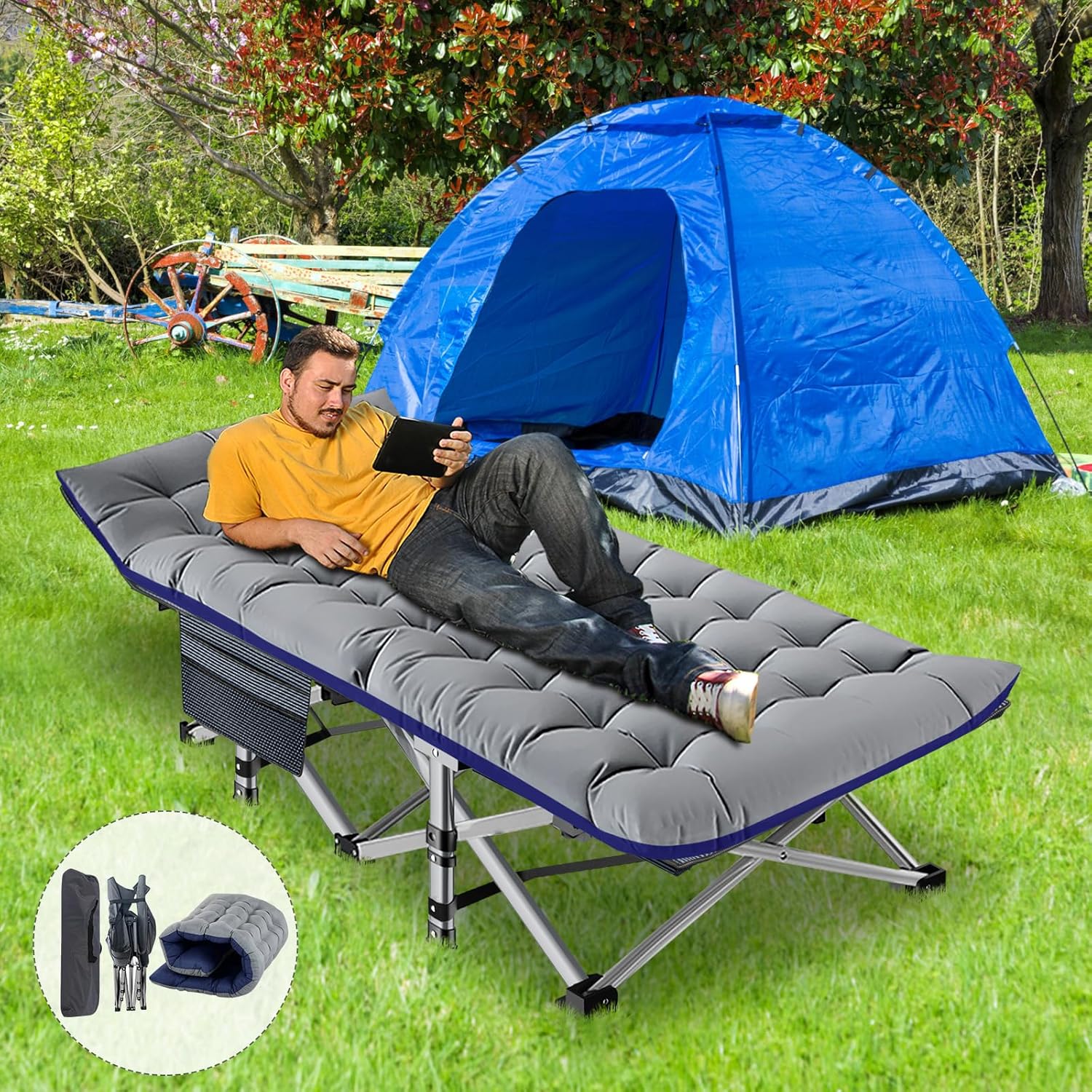 ABORON Catres plegables de campamento para adultos, catre de carga de doble capa 1200D 500lb para dormir, cama de invitados resistente con bolsa de