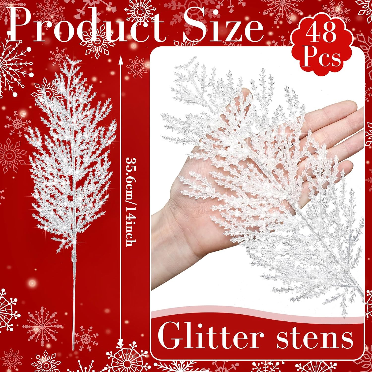 Giegxin 48 agujas de pino artificial con purpurina para boda, ramas de pino, ramas para árbol de boda, tallo brillante para Navidad, corona de
