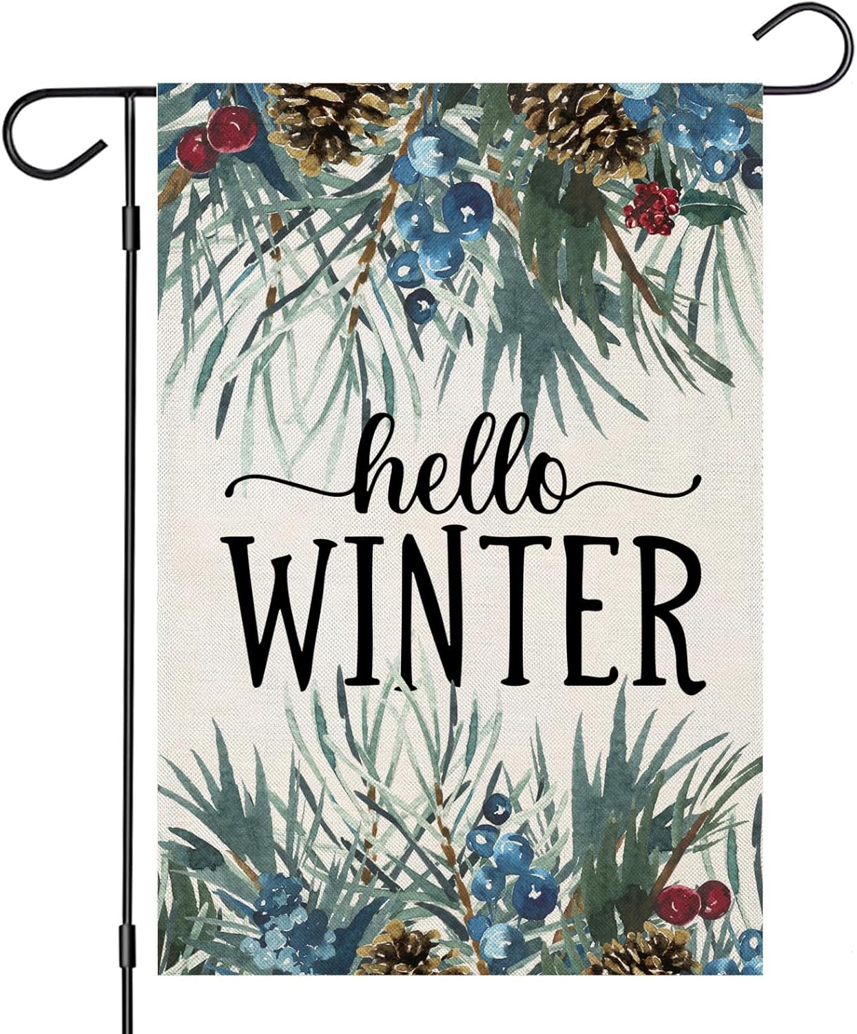 EKOREST Banderas verticales de jardín de 12 x 18 pulgadas con texto en inglés Hello Winter de doble cara, ramitas de pino para exteriores,