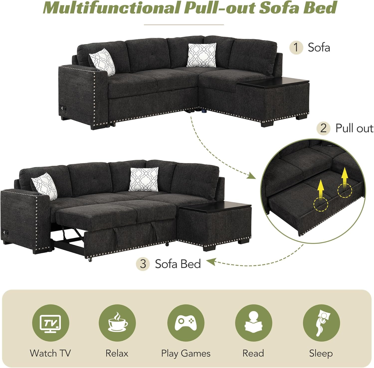 Sofá cama modular reversible de 83.8 pulgadas con diván de almacenamiento, sofá esquinero en forma de L con puertos USB y enchufes de corriente,