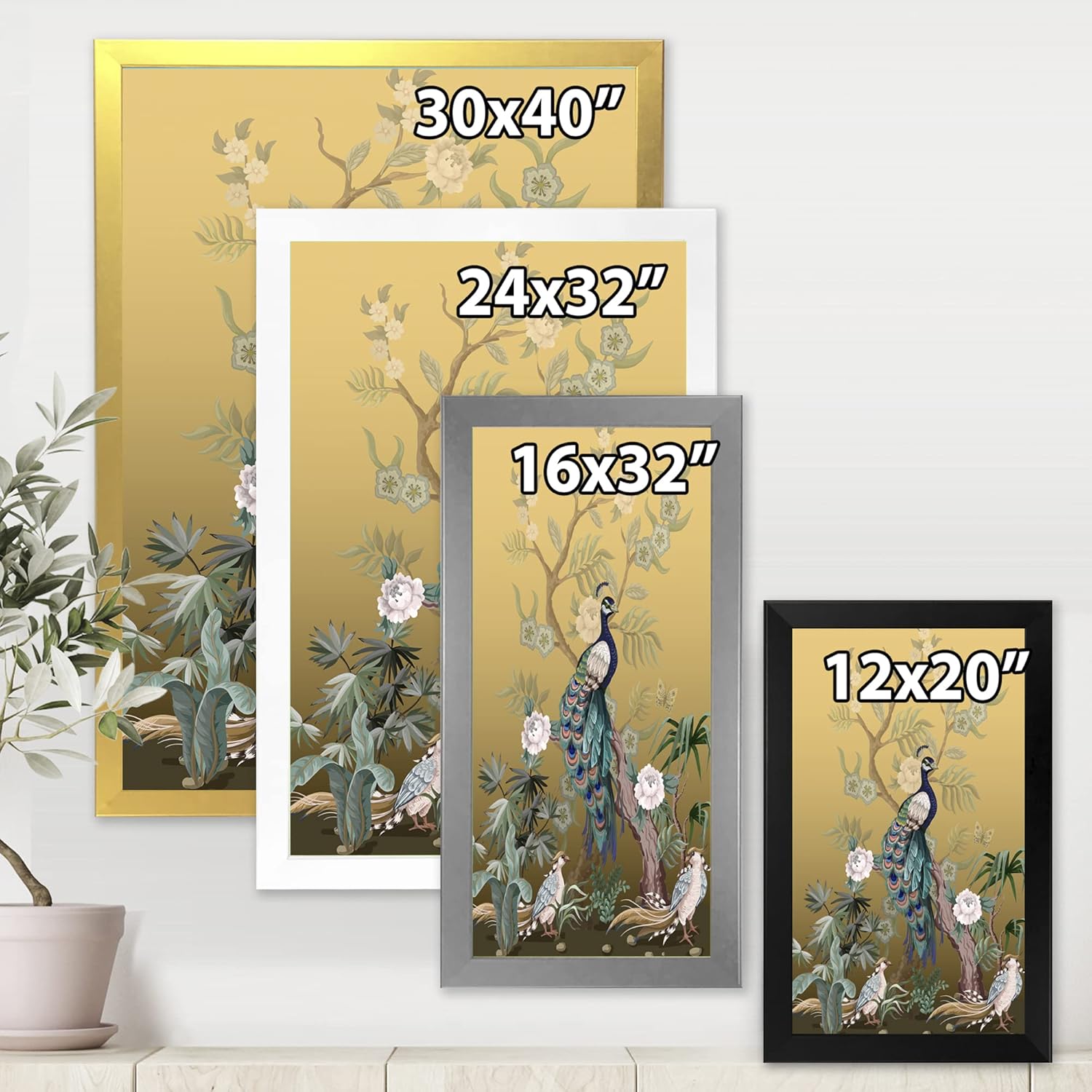 DesignQ Chinoiserie With Birds and Peonies VI – Arte de pared enmarcado tradicional, 30 x 40, FRAME35101