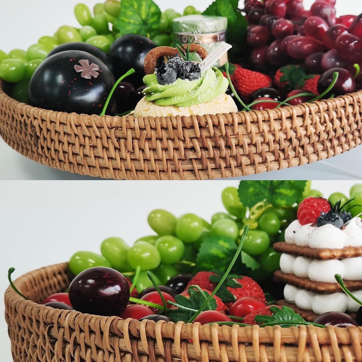 cosybeau Bandeja redonda de ratán de 11.81 pulgadas con incrustaciones de madreperla, bandeja decorativa de Navidad para mesa de café, cesta tejida