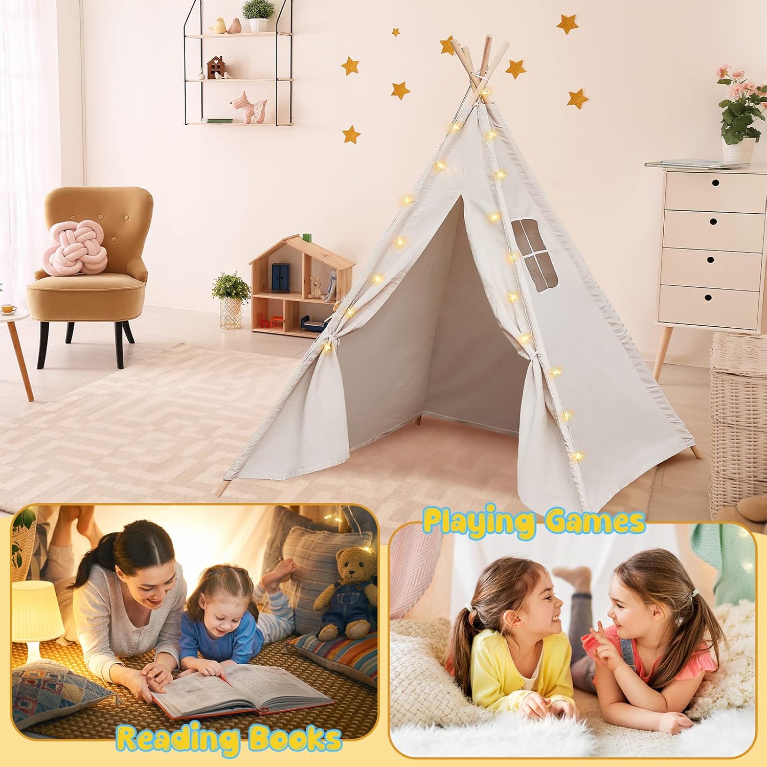 Woanger Juego de 10 tiendas de campaña tipo tipi para niños, de lona de algodón blanco, con luces LED de estrella de 10 pies, tipi para interiores,