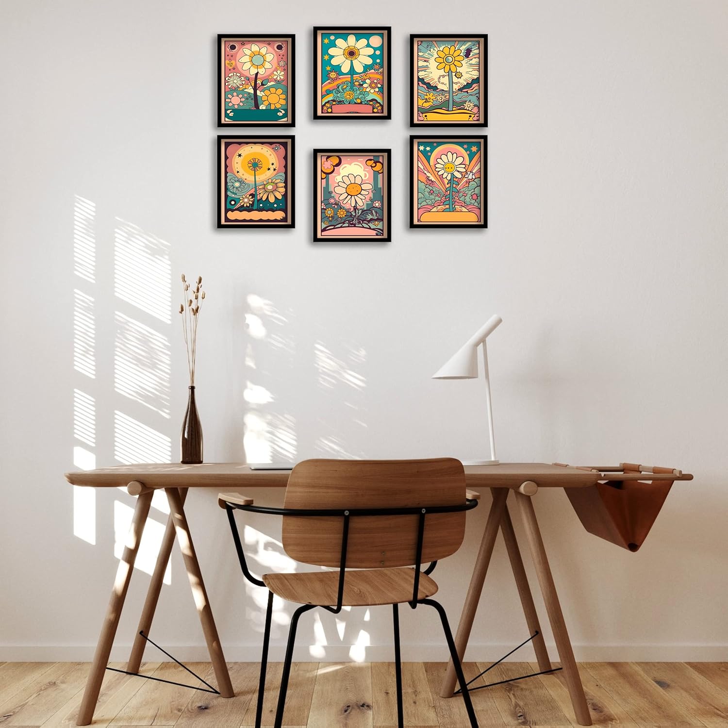 Juego de 6 impresiones de arte hippie para pared, diseño retro, lienzo de flores hippie de los años 60 y 70, pósteres vintage, abstracto,