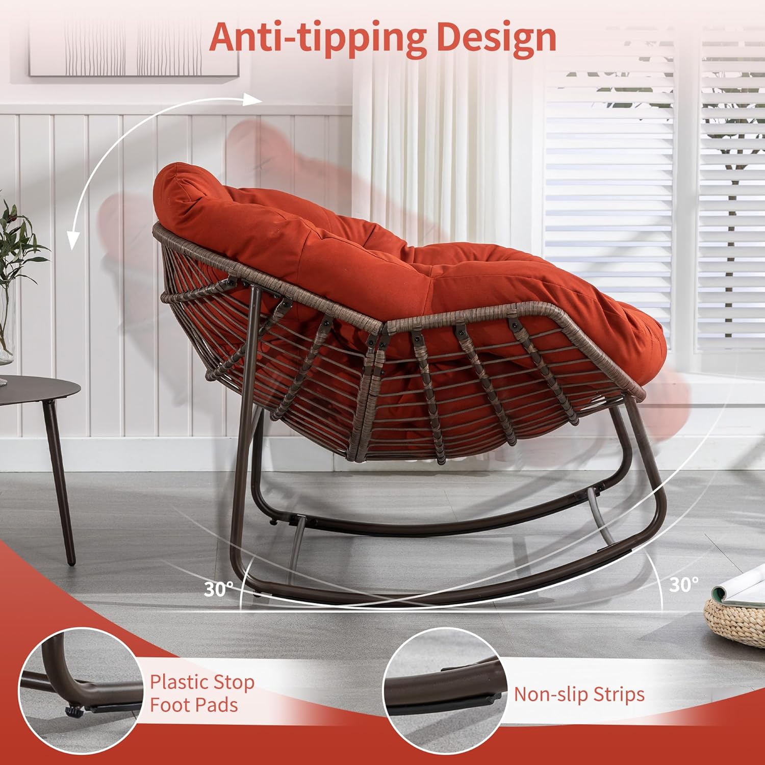 HOMEFUN Juego de 2 mecedoras para patio al aire libre, mecedora Papasan de gran tamaño con cojín acolchado, silla mecedora para porche delantero,