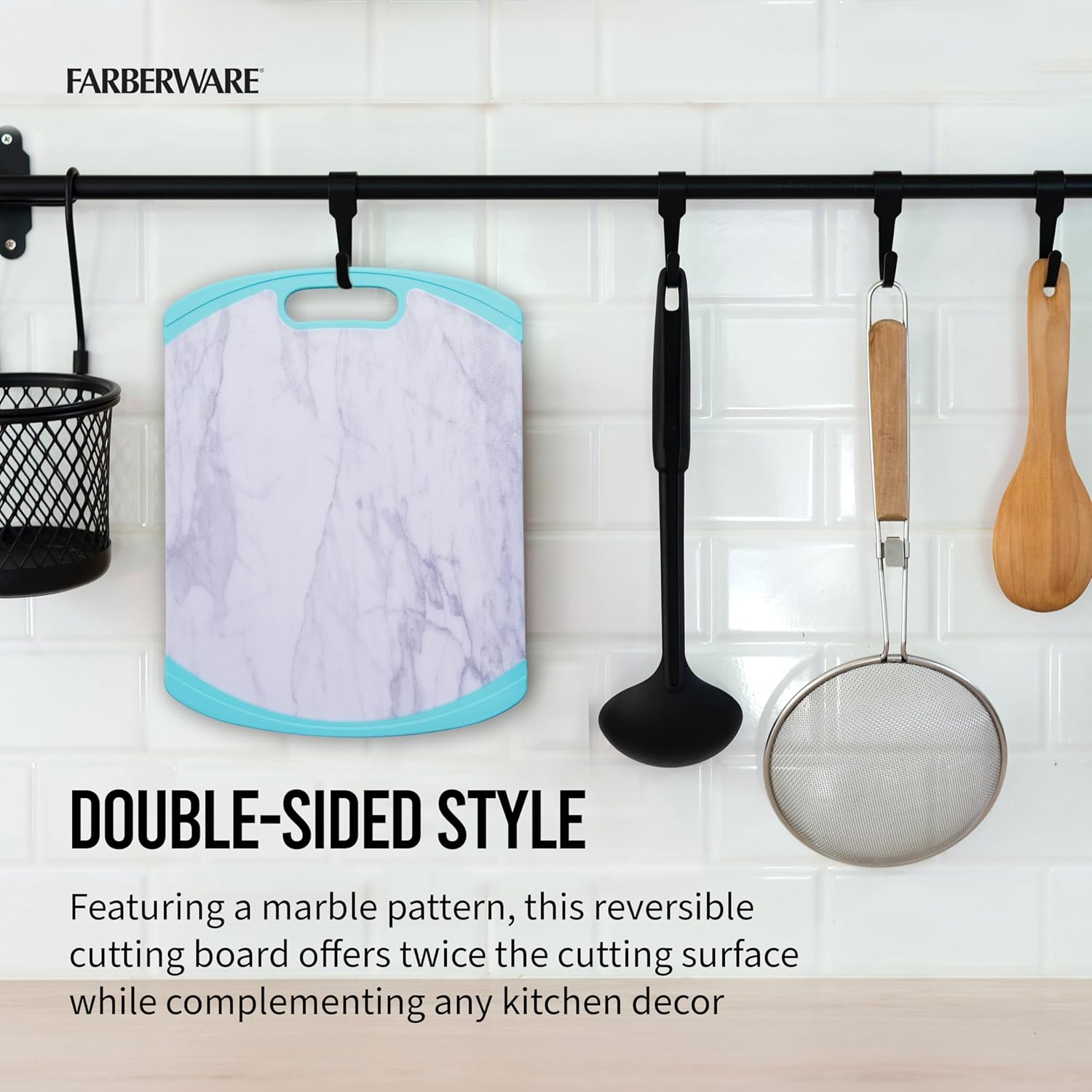 Farberware Tabla de cortar de plástico con bordes antideslizantes aguamarina y elegante patrón de mármol. Lavavajillas esencial para el uso diario,