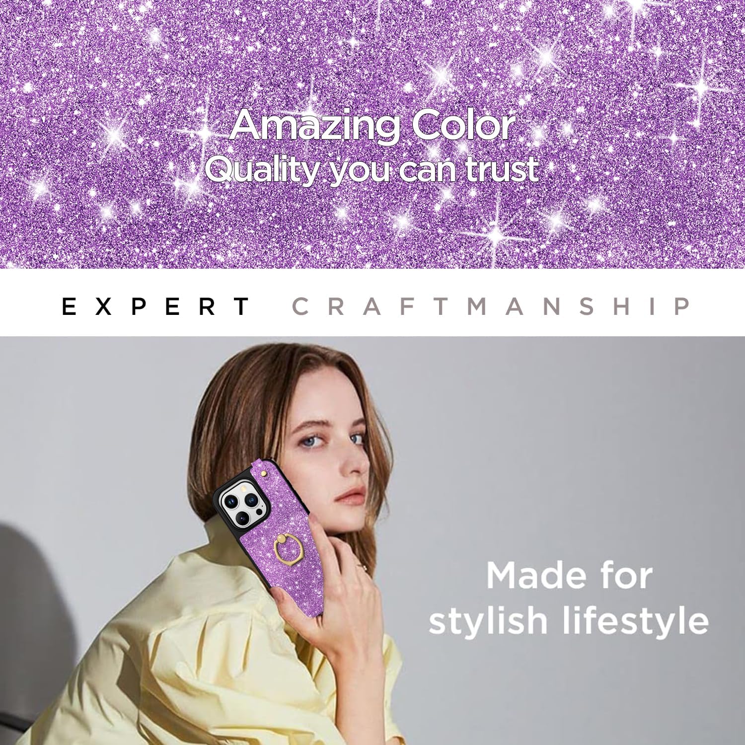 AICase Funda para tarjetas compatible con iPhone 15 Pro Max, funda protectora con purpurina brillante para mujer con soporte de anillo y 8 ranuras