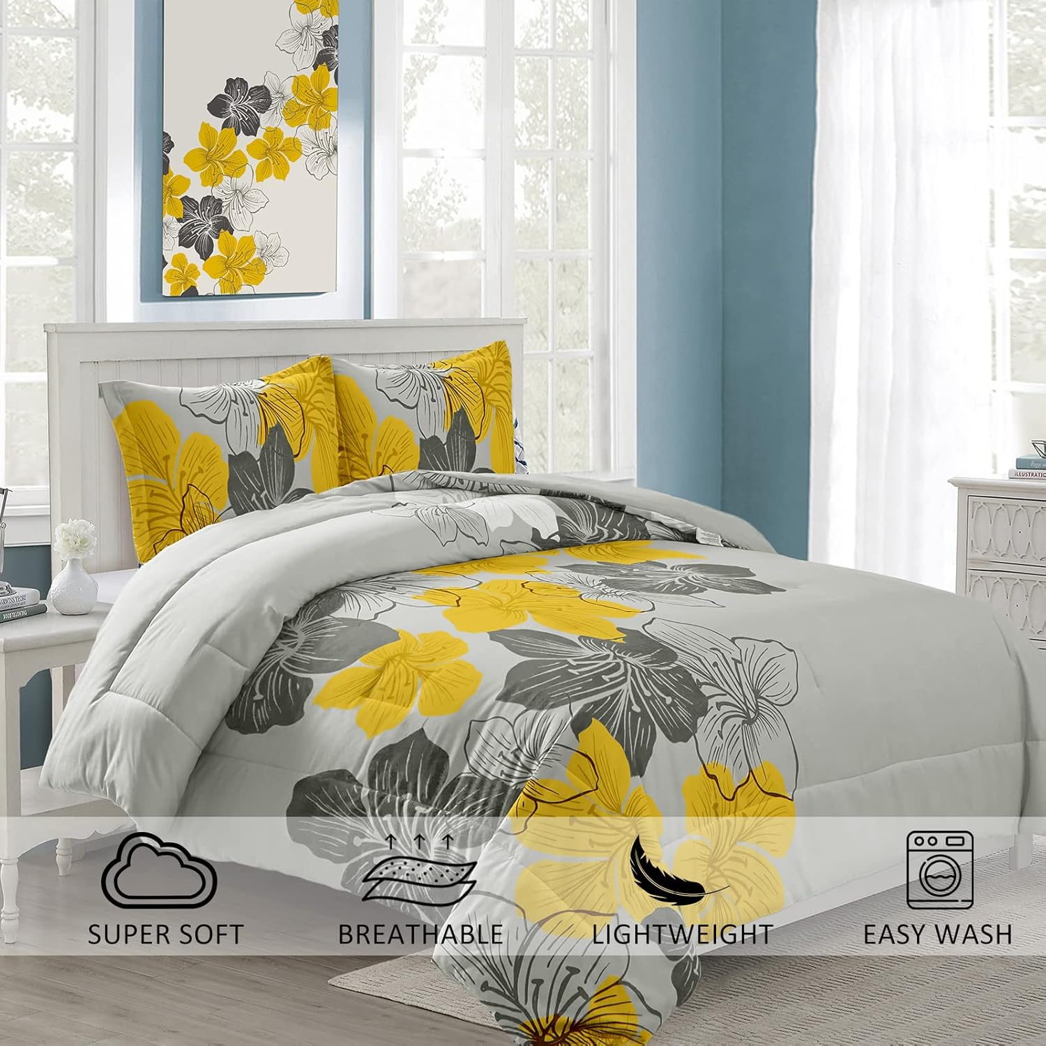 Juego de edredón tamaño California King, estampado floral amarillo en gris, juego de ropa de cama de microfibra suave bohemio para todas las
