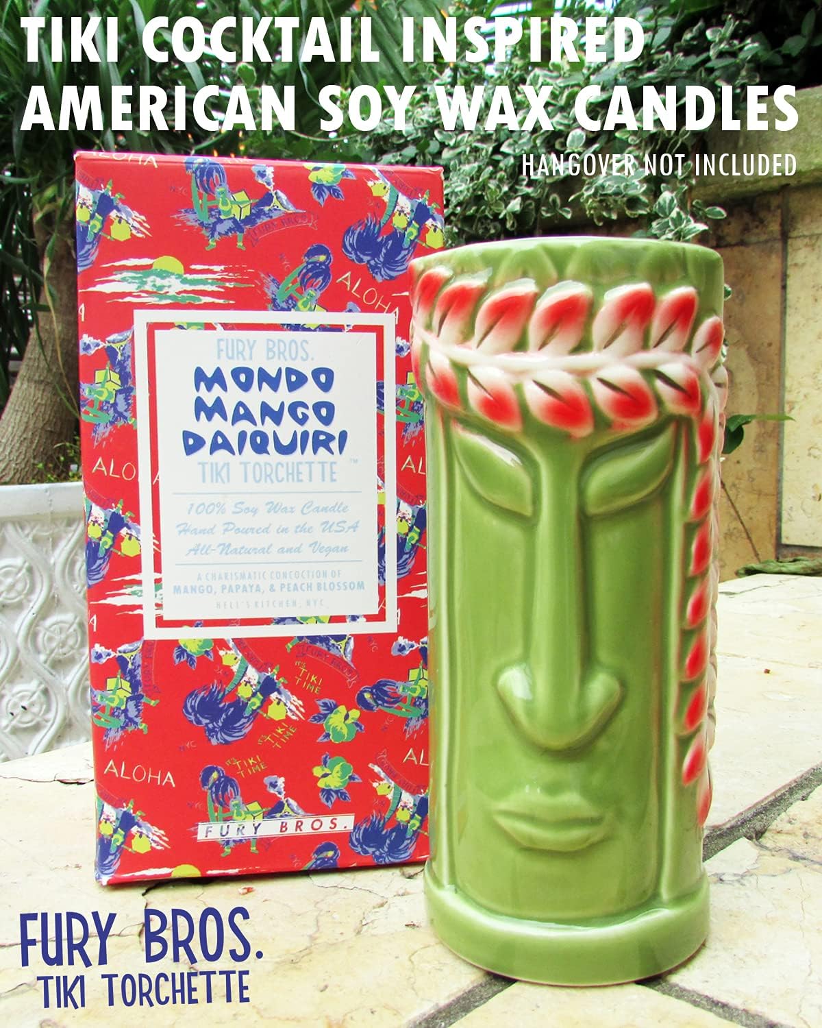Tiki – Velas de antorcha de FURY BROS.  Un transporte de 70 horas a los trópicos  Analgésico polinesio – Piña, crema de coco y ron  Cera de soja,