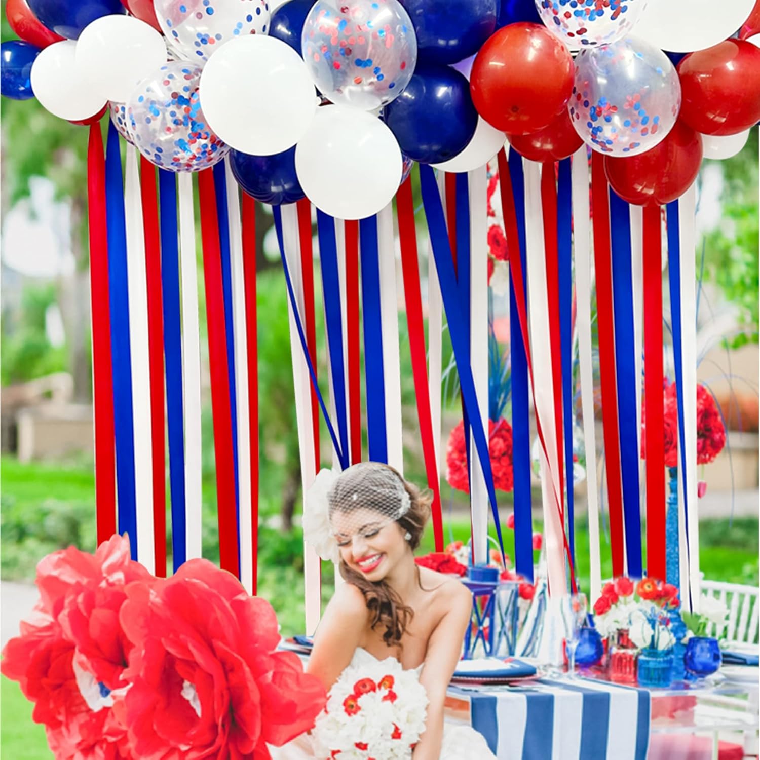 Decoración de fiesta de color rojo, azul y blanco, con flecos, cortina para colgar, telón de fondo, guirnalda de globos para el 4 de julio, Día de