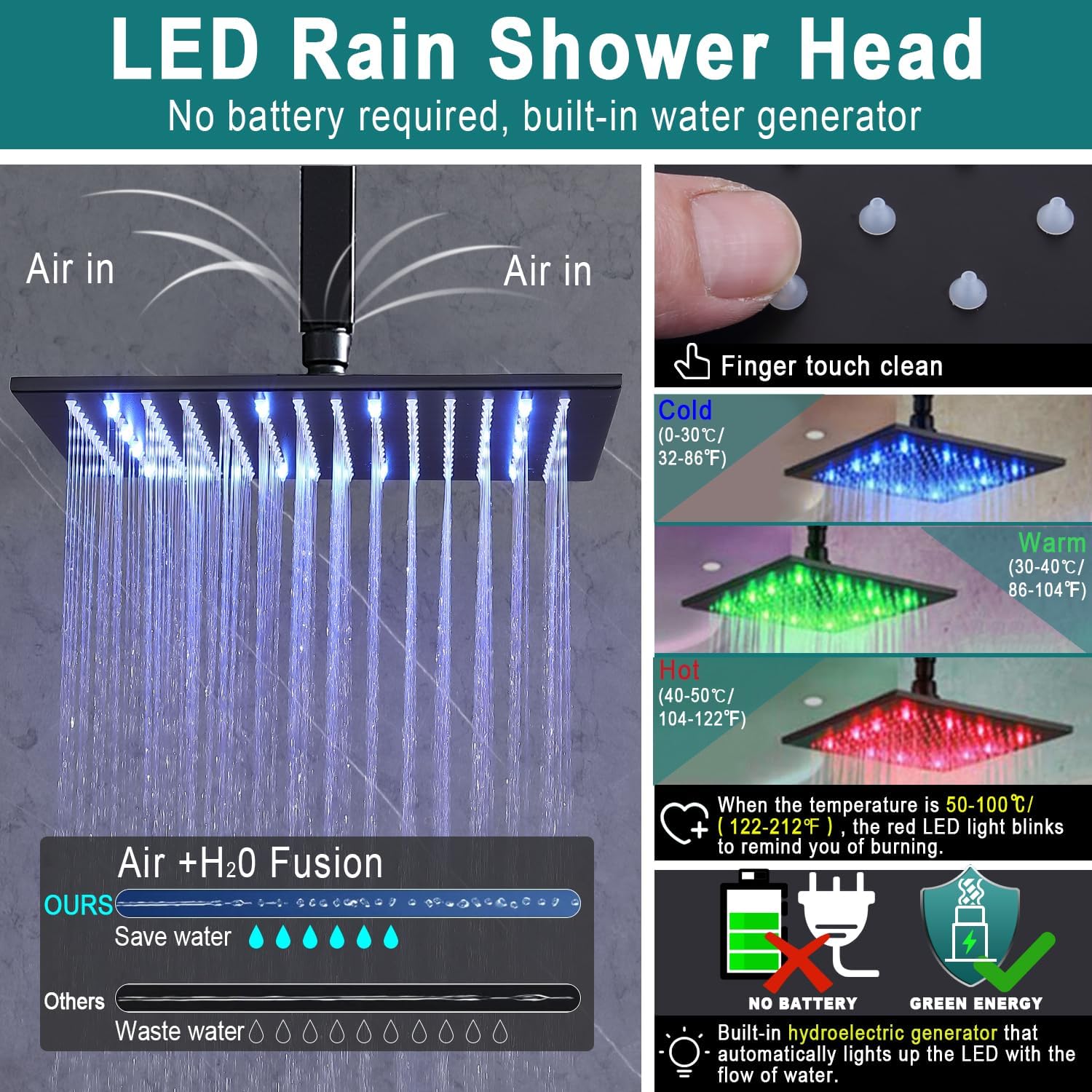 HOMEDEC Sistema de chorros de ducha completo negro, juego de grifo de ducha LED de 16 pulgadas con 6 aerosoles corporales y válvula termostática de
