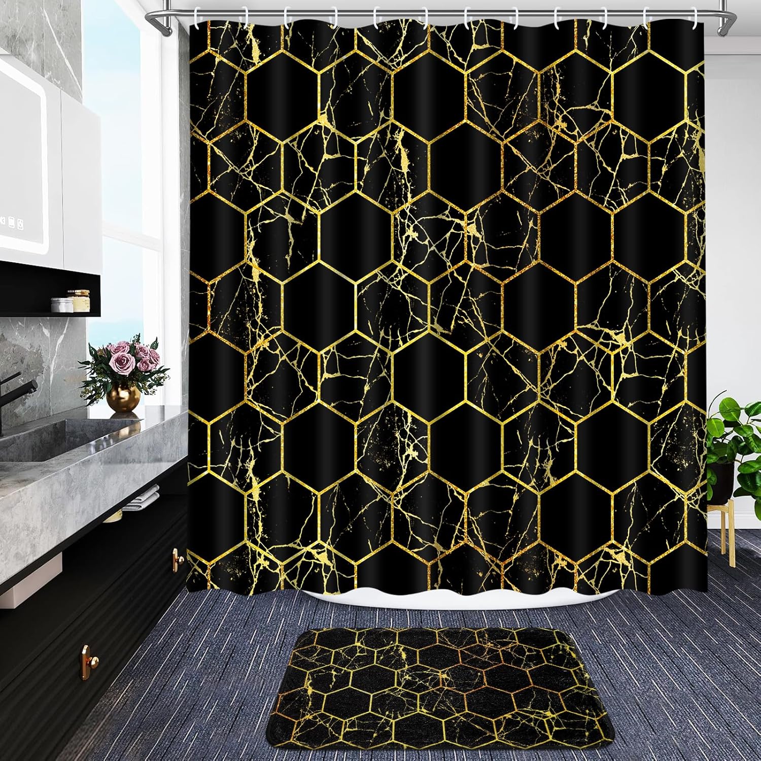 Likiyol Juego de 4 cortinas de ducha negras y doradas con alfombras antideslizantes, cubierta para tapa de inodoro y tapete de baño, modernos juegos