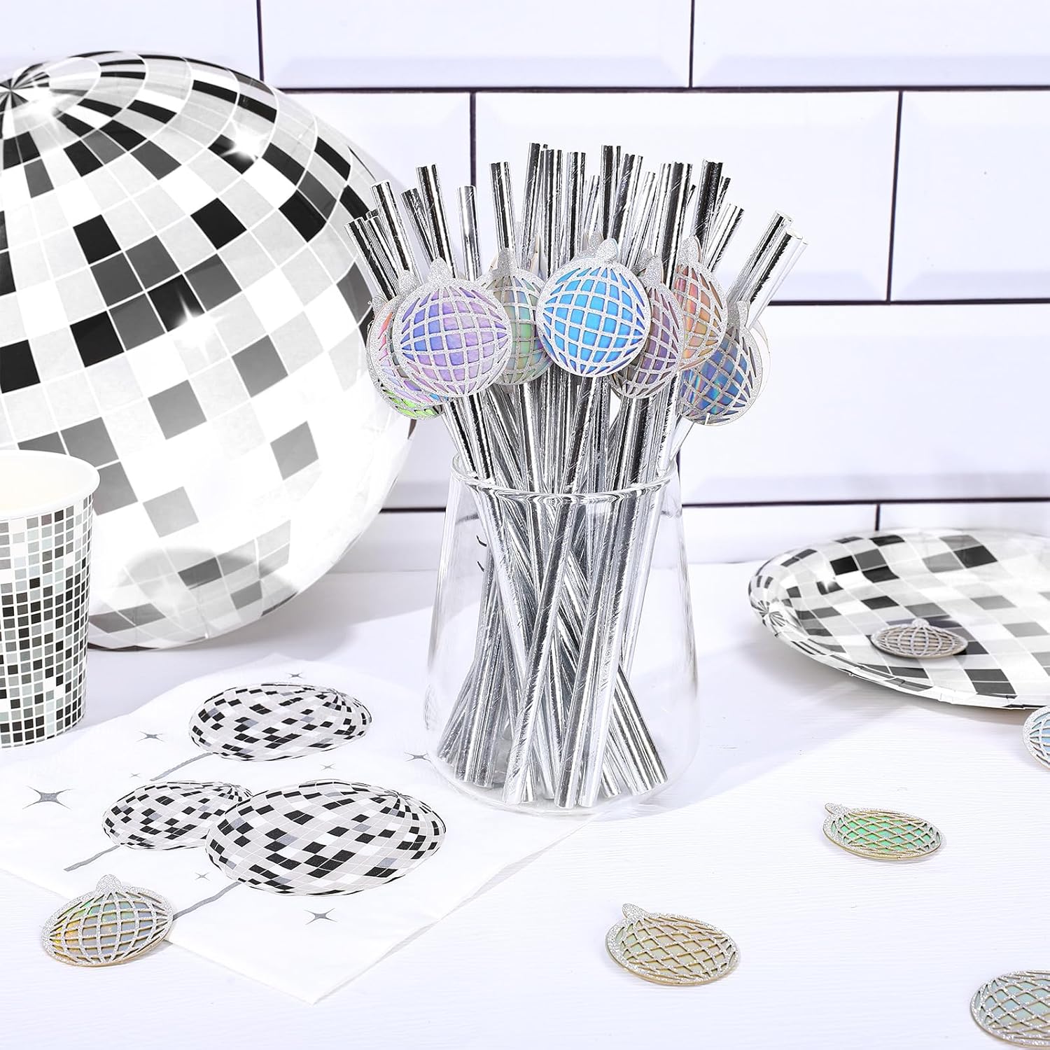Whaline 50 popotes de papel de bola de disco con purpurina, bola de disco láser, desechables, para decoración de fiesta de discoteca retro, para el