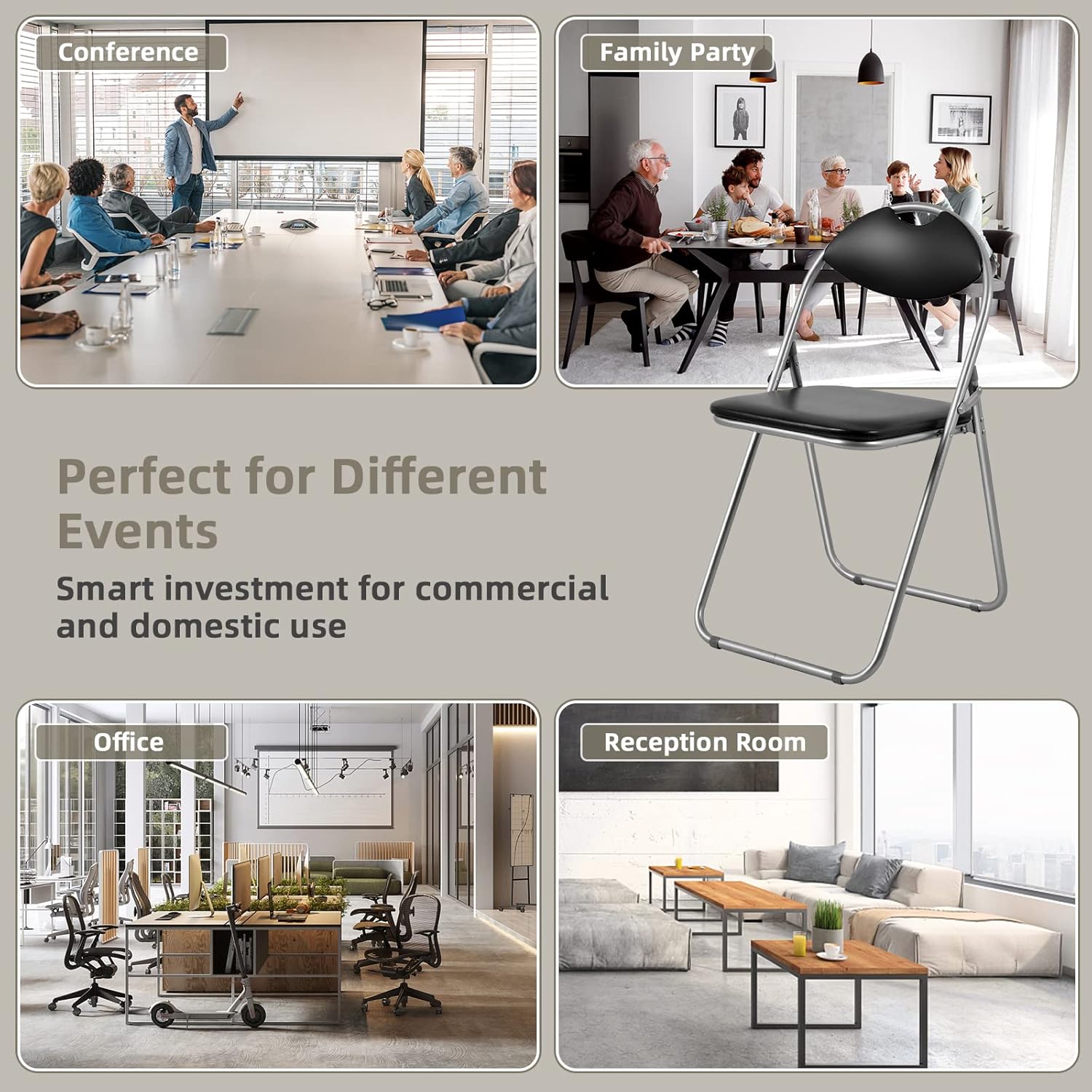 ARLIME Paquete de 2 sillas plegables con asientos acolchados, silla plegable de metal con mango de agarre extra, sillas plegables negras para el