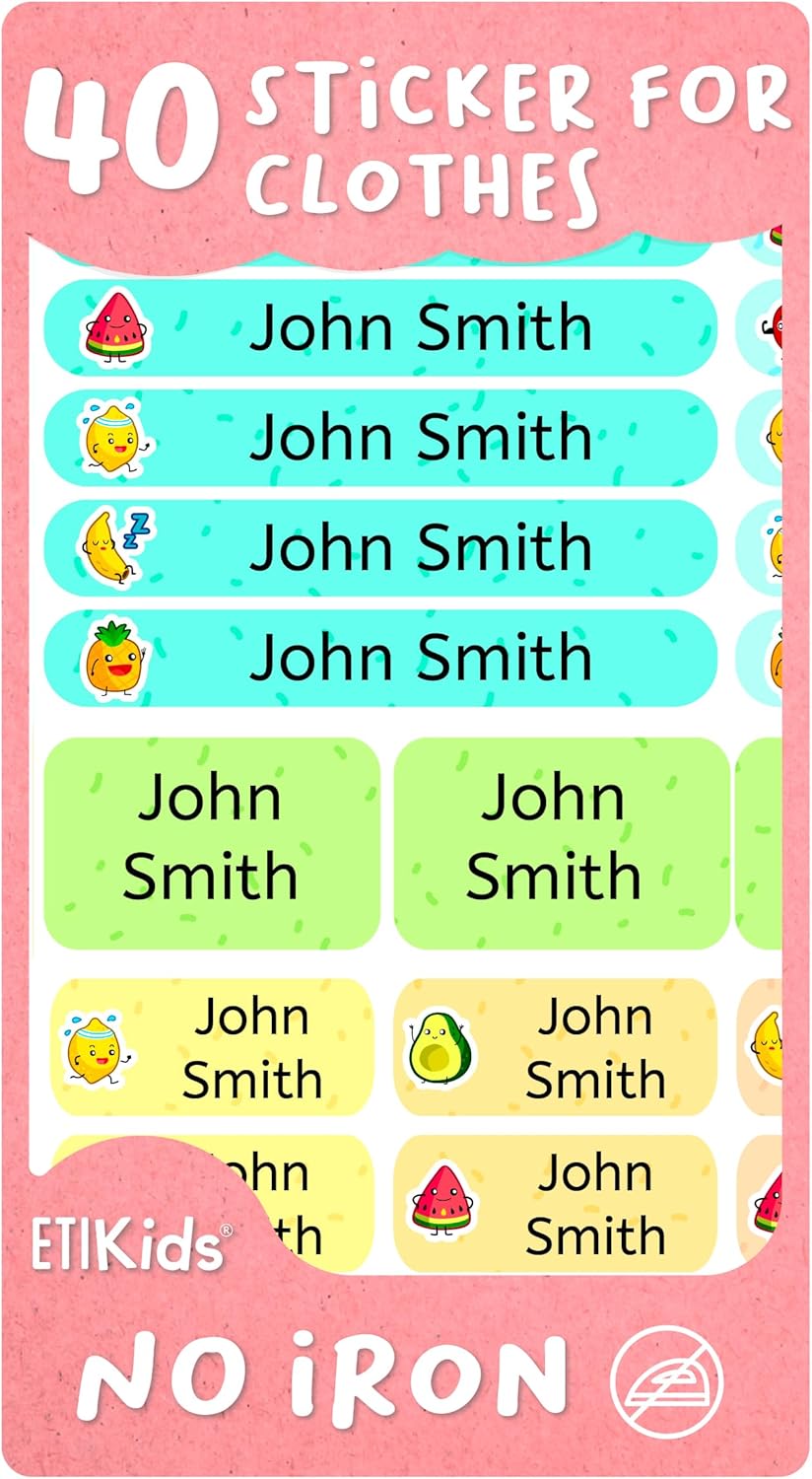 40 calcomanías personalizadas con nombre e icono, sin planchado. Ideal para ropa y objetos, escuela, campamento, cuidado de enfermería. Etiquetas
