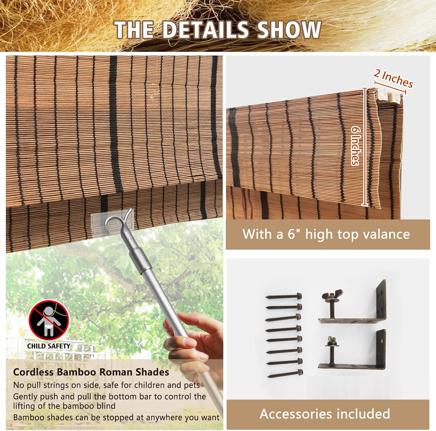 Persianas romanas de bambú sin cordón, persianas opacas con forro, persianas naturales 100% bambú para ventanas, color 1