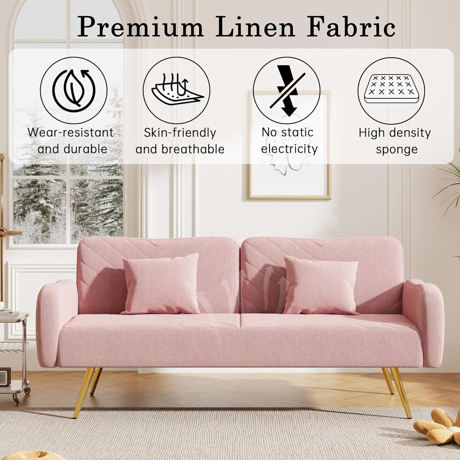 JINS&VICO Sofá cama convertible de 70.47 pulgadas de ancho con dos almohadas, cómodo sofá futón con respaldo ajustable, moderno sofá cama con patas