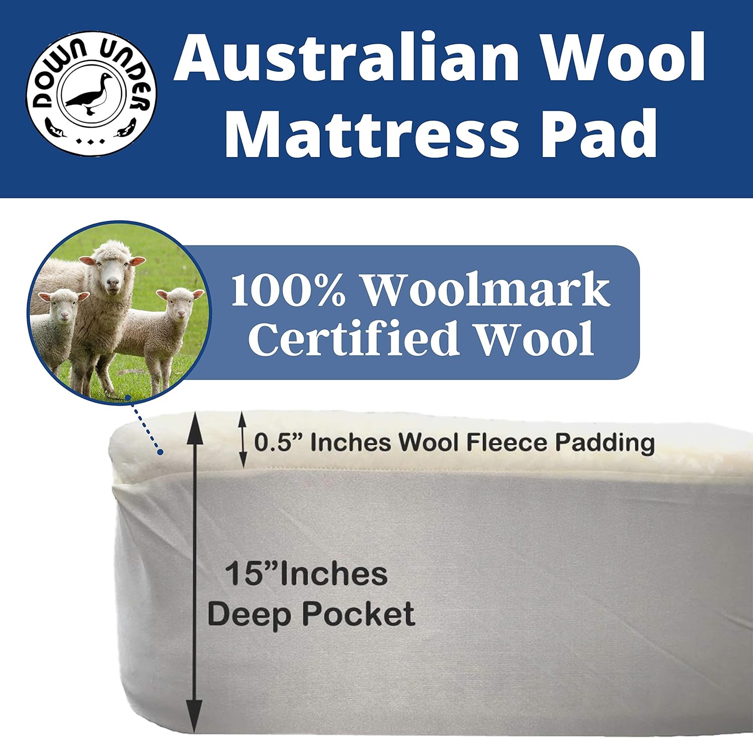 Down Under Cubrecolchón de lana, tamaño King, 100% lana australiana, bolsillo profundo de 15 pulgadas y acolchado de forro polar de 0.5 pulgadas,