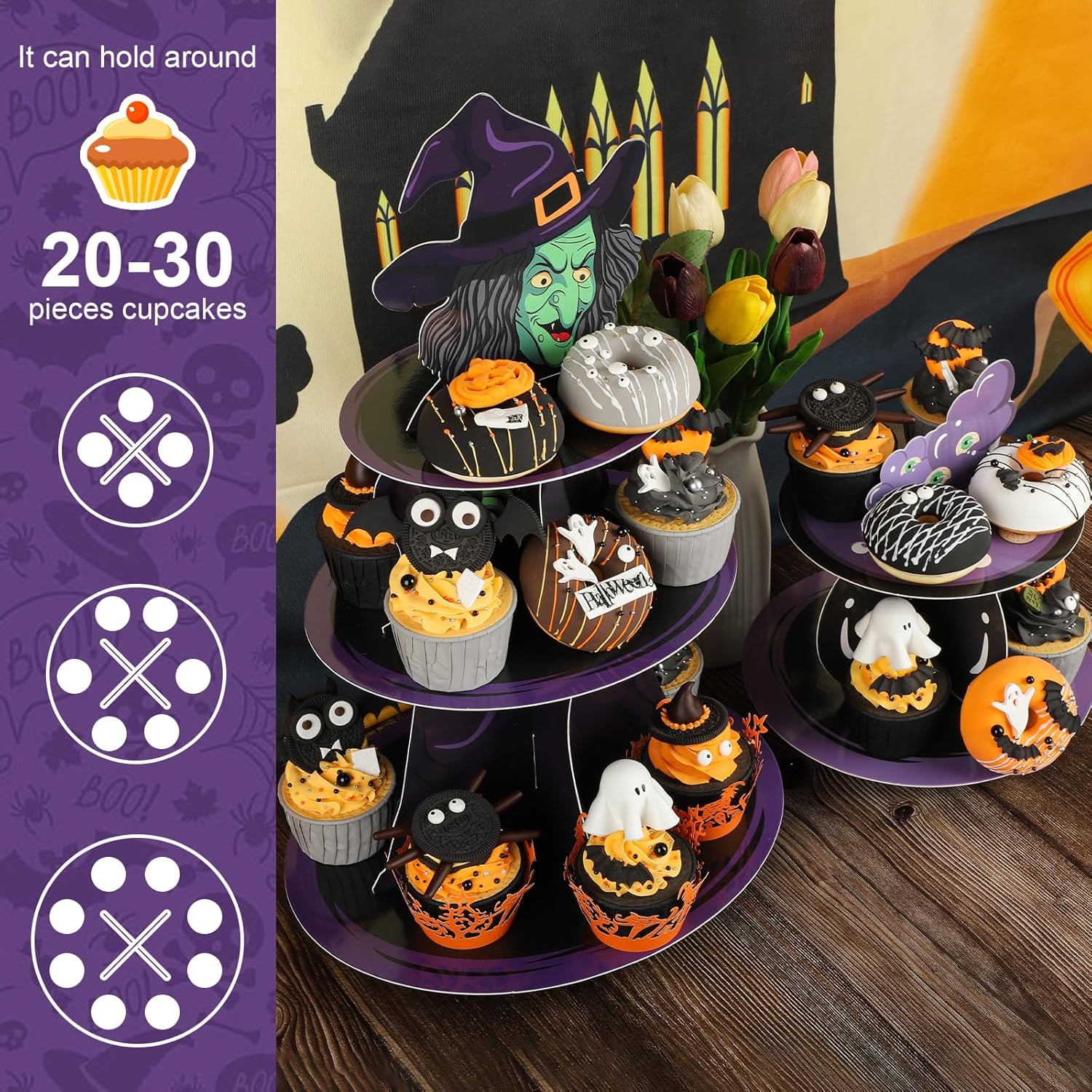 Soporte para cupcakes de Halloween para 24 cupcakes de bruja y veneno, decoraciones de cupcakes de Halloween, de cartón, juego de 3 niveles y 2