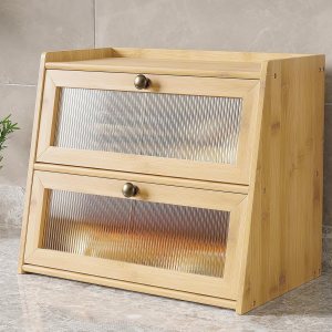 K KELBEL Panera para encimera de cocina, contenedor de almacenamiento de pan de bambú de doble capa de madera de gran capacidad con soporte para pan K KELBEL Panera para encimera de cocina, contenedor de almacenamiento de pan de bambú de doble capa de madera de gran capacidad con soporte para pan