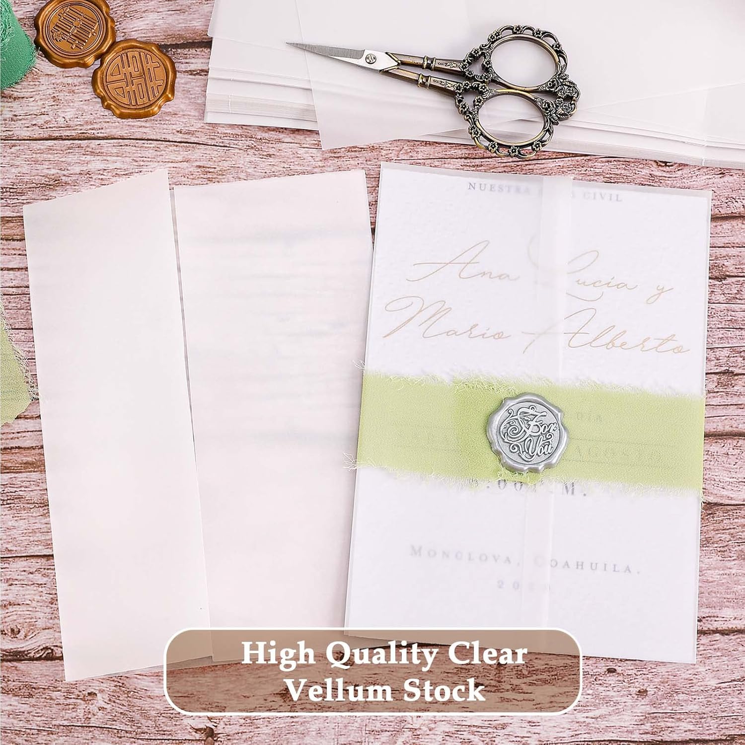 Paquete de 32 chaquetas de vellum preplegadas para invitaciones de 5 x 7, invitaciones de papel vitela Ayfjovs de 5 x 7, papel de invitación de boda