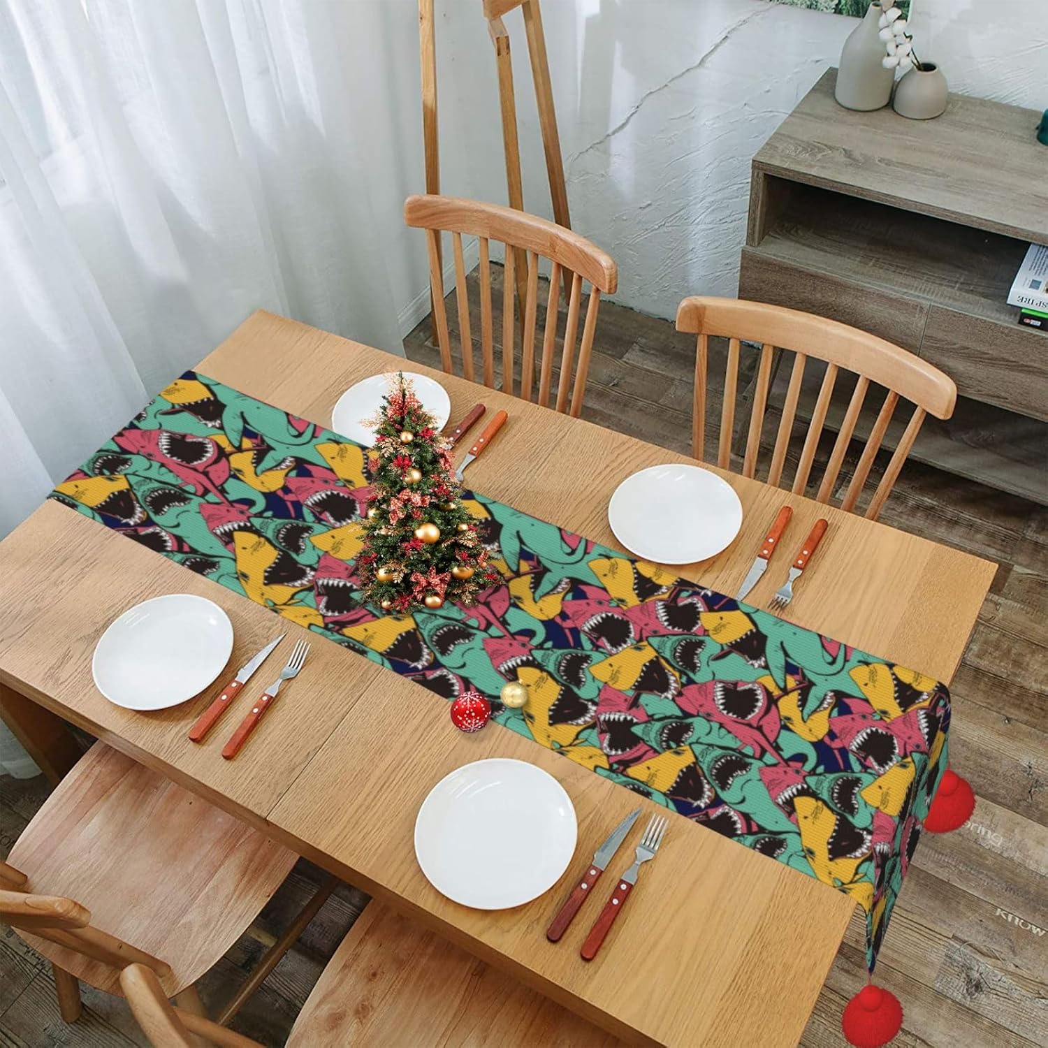 Sharks Christmas Table Runner Dining Table Decor Christmas Decorations Indoor Home Decor Christmas Table Runners Xmas Navidad Decoracion 2023 for