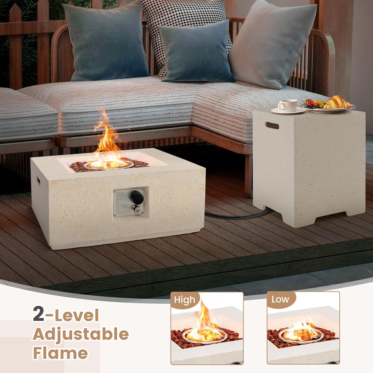 Tangkula Mesa para fogata de propano para patio de 28 pulgadas con soporte para tanque oculto, mesa de fuego de gas terrazo de 40,000 BTU con rocas
