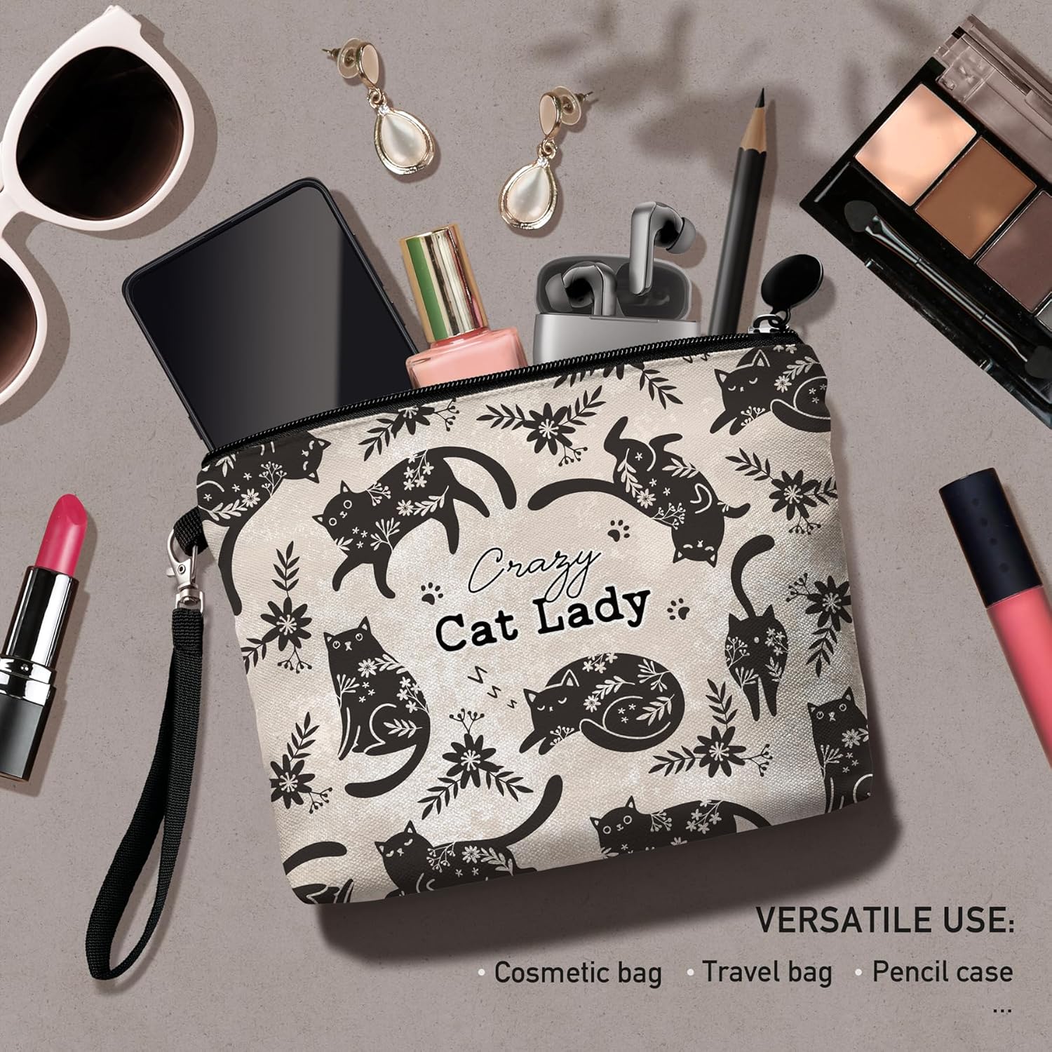 Bolsa de maquillaje de viaje, Negro -, Crazy Cat Lady