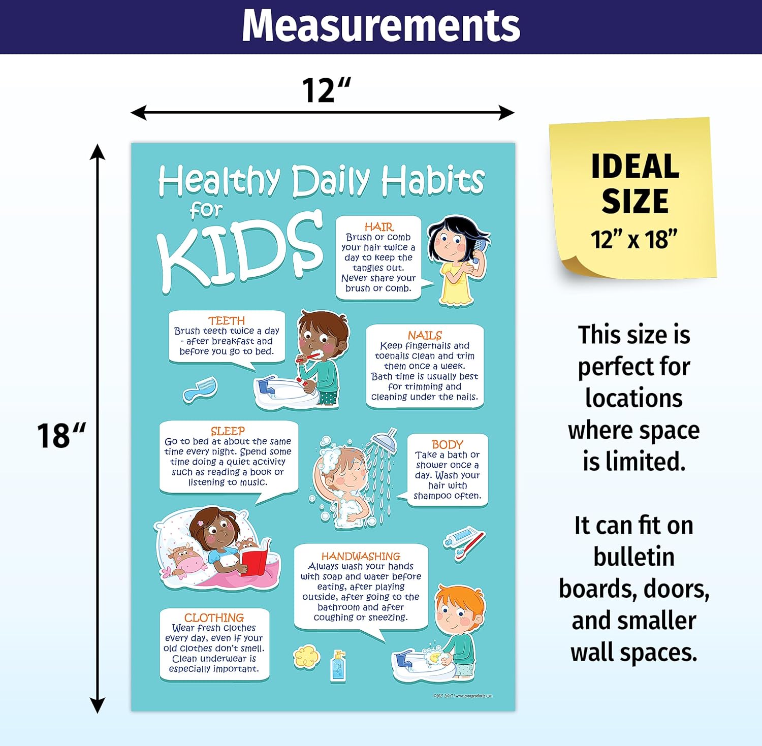 Póster de higiene de 7 hábitos diarios saludables para niños, laminado, 12 x 18 pulgadas, preescolar, escuela primaria, decoración de oficina de
