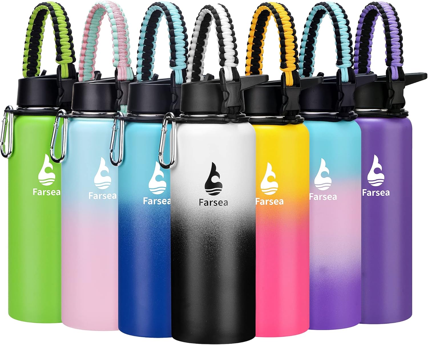 Botella de agua Farsea aislada al vacío, de acero inoxidable, termo de boca ancha, tapas con pajita y asas paracord. Doble pared a prueba de sudor,