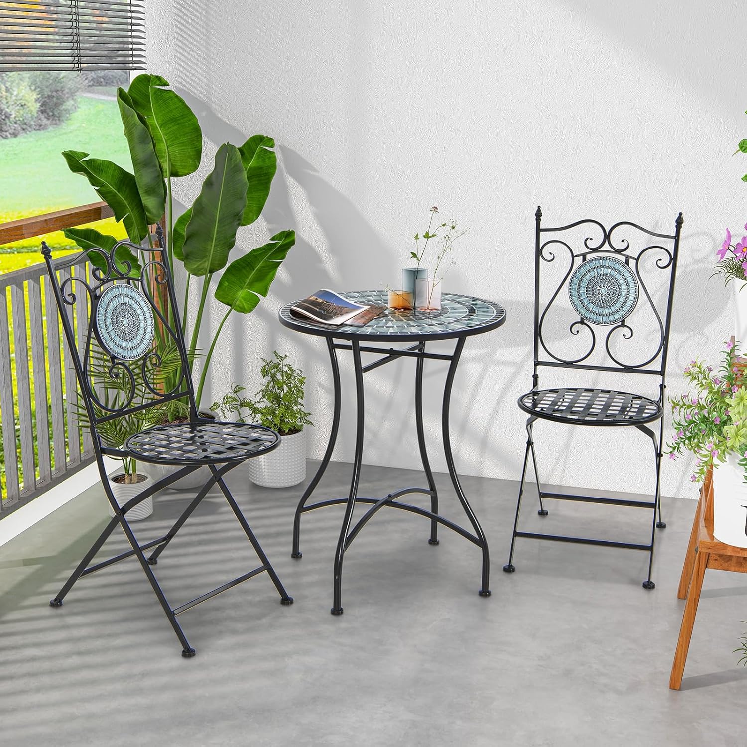 Giantex Juego de 2 mesas y sillas de bistró, mesa de patio de mosaico de 3 piezas con sillas plegables, marco de acero, juego de muebles de patio
