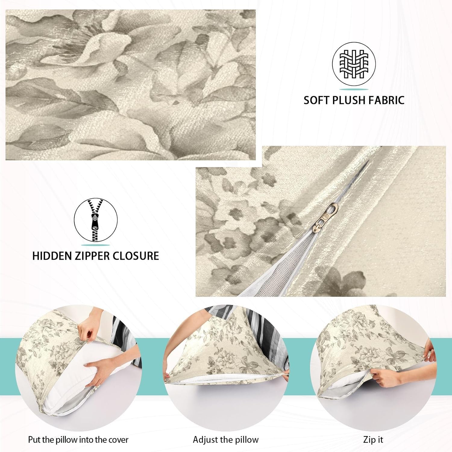 Fundas de almohada de felpa de flores de colores claros, fundas de almohada de lujo súper suaves y acogedoras con cierre de cremallera, tamaño