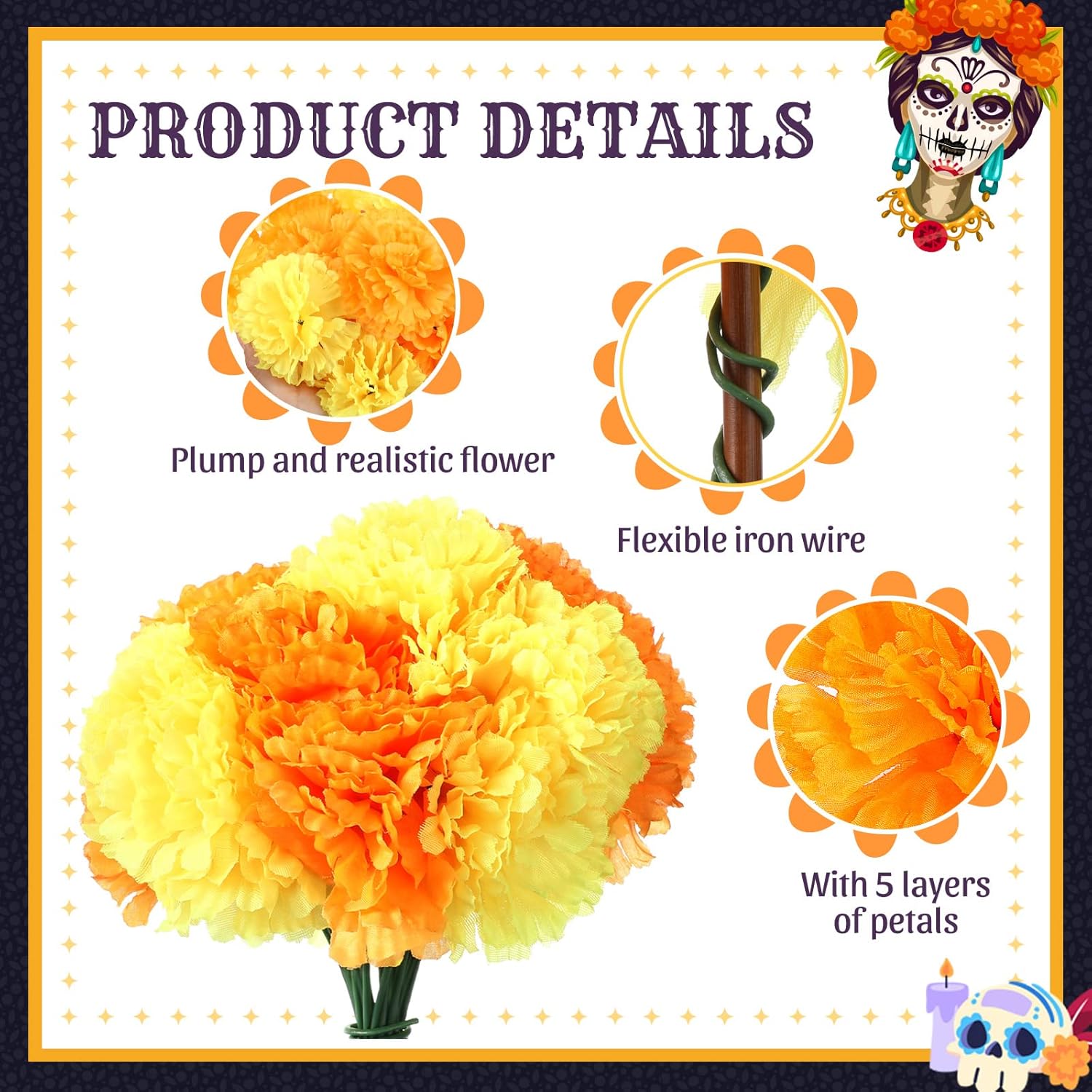 100 flores artificiales de caléndula con tallos de 3.5 pulgadas, flor falsa de caléndula de seda para fiesta de Halloween, decoración de altar para