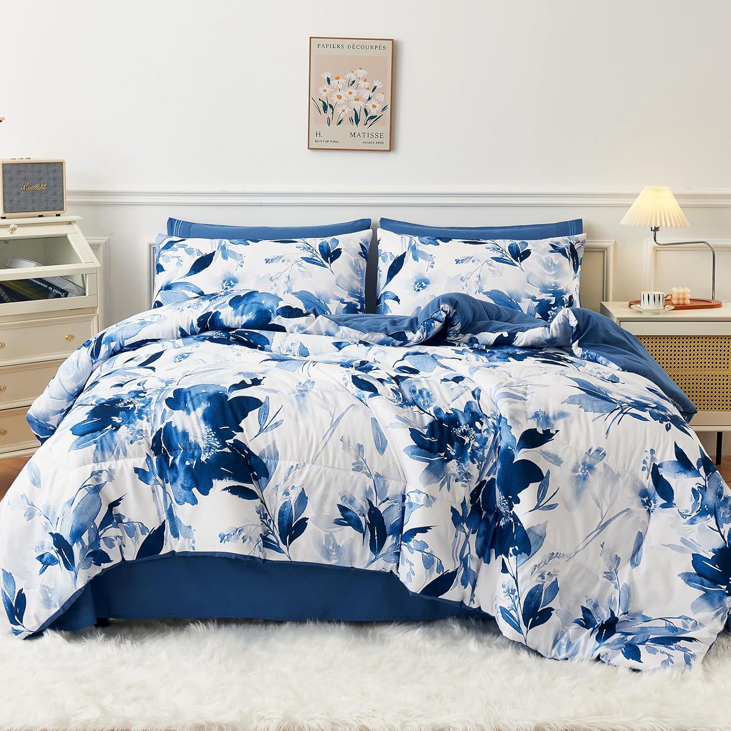 YIYEA Juego de edredón tamaño King  Estampado floral  7 piezas de cama en una bolsa  Juegos de ropa de cama para todas las estaciones con edredón,