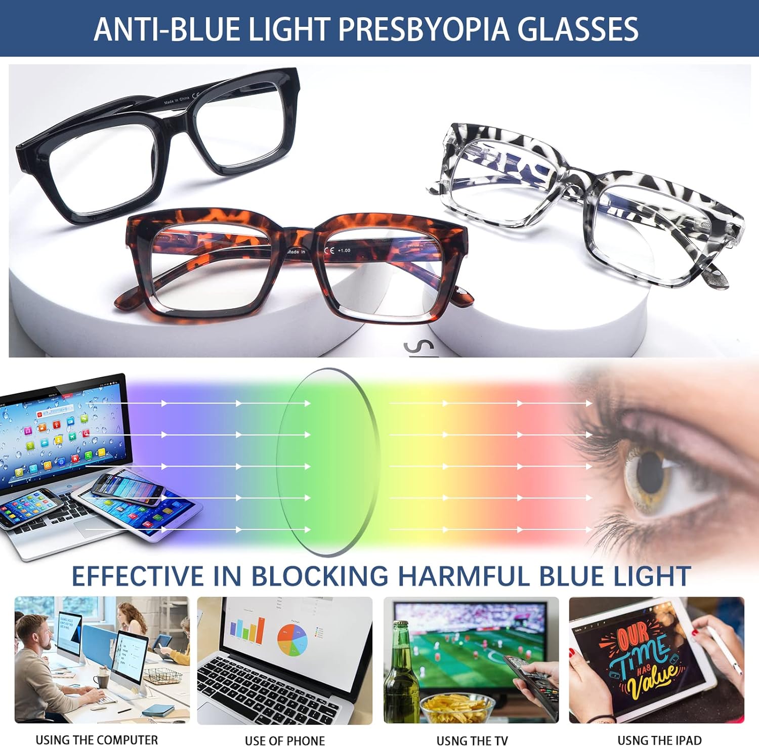 CLASAGA Progressive Multifocus Reading Glasses for Women Men, Retro Oversized Square Computer Readers