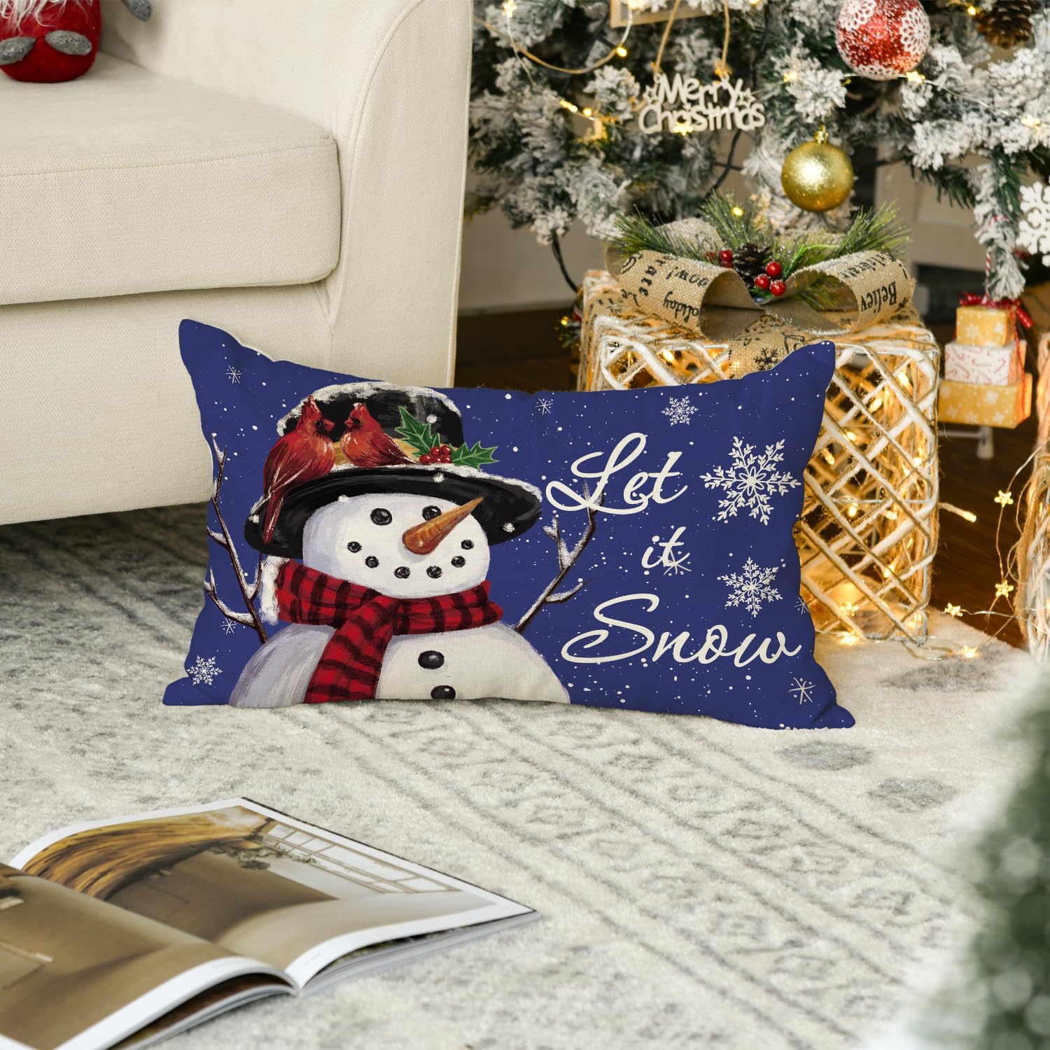 AVOIN colorlife Let it Snow Snowman – Funda de almohada azul de Navidad, 12 x 20 pulgadas, decoración de sofá