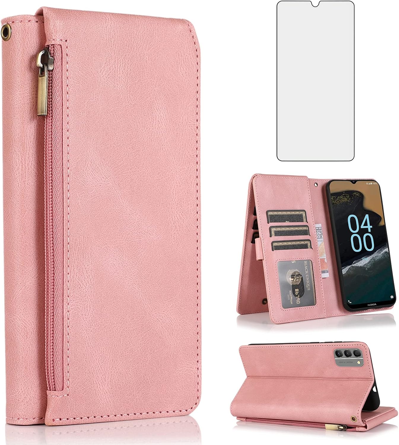 Asuwish Compatible con Nokia G400 5G – Funda tipo cartera de vidrio templado, protector de pantalla y cremallera, de piel retro, soporte para