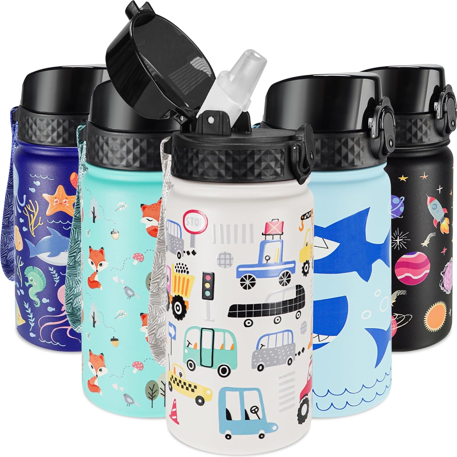 GOPPUS Botella de agua aislada para niños, 14 onzas, sin BPA, botella de viaje de acero inoxidable 188 con popote y doble pared al vacío a prueba de