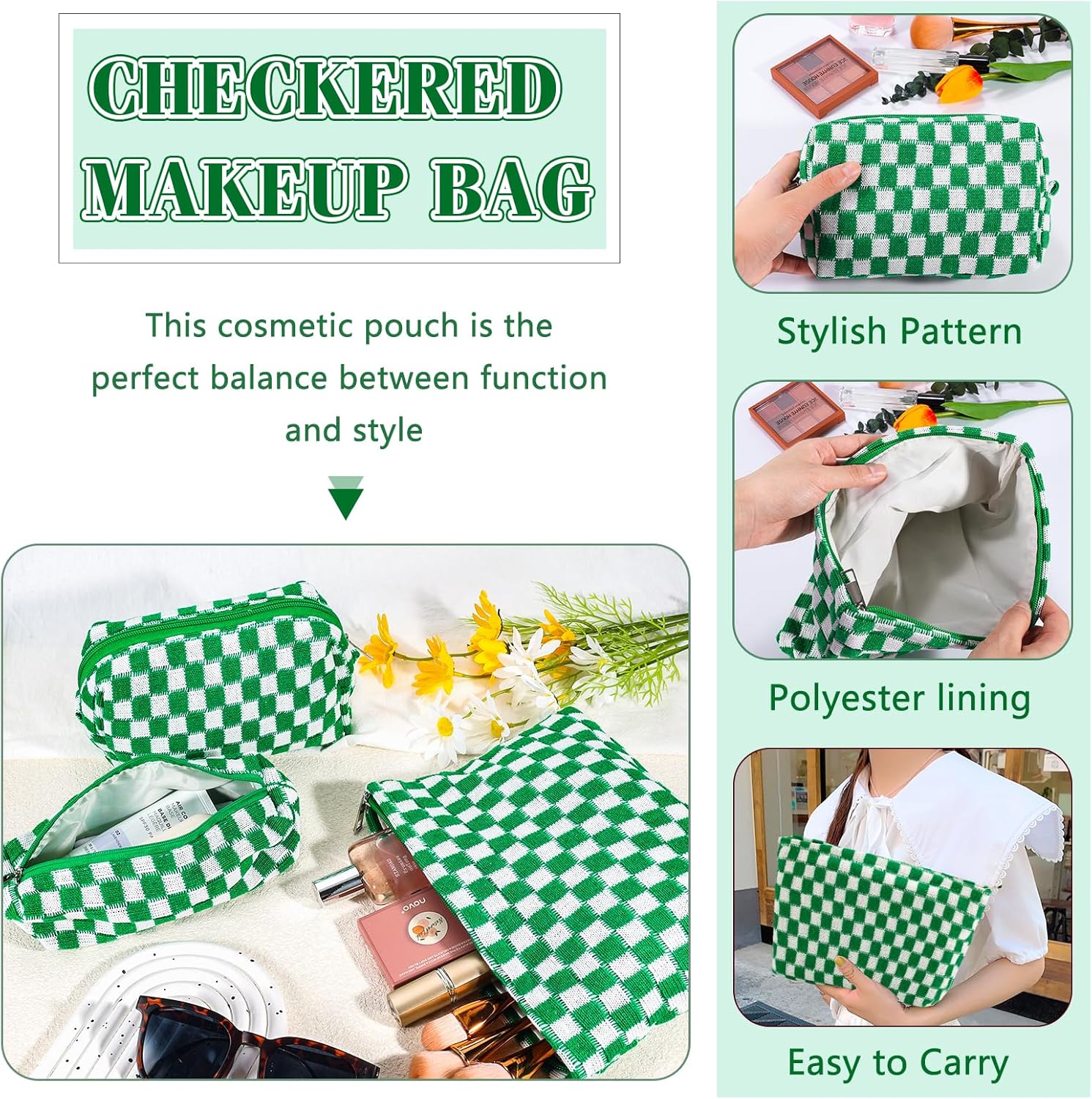 Bolsa de maquillaje a cuadros para mujer, bolsa de cosméticos rosa de gran capacidad, bolsa de maquillaje de viaje, bolsa de maquillaje para bolso,