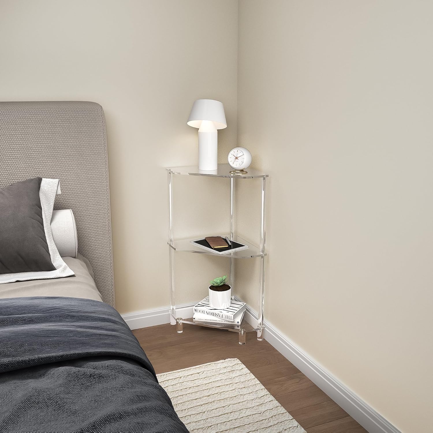 Eglaf Mesa auxiliar de esquina de acrílico, mesa auxiliar triangular de 3 niveles, mesa auxiliar pequeña para sala de estar, dormitorio, baño, 11.8