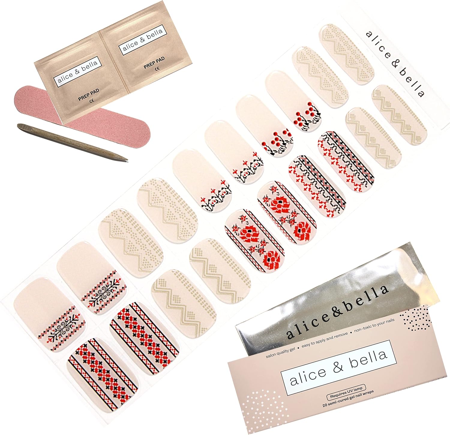 Alice & Bella Kvitka – Tiras de uñas de gel semicuradas – Base blanca lechosa roja y negra cosida a mano, calcomanías de arte popular UV para