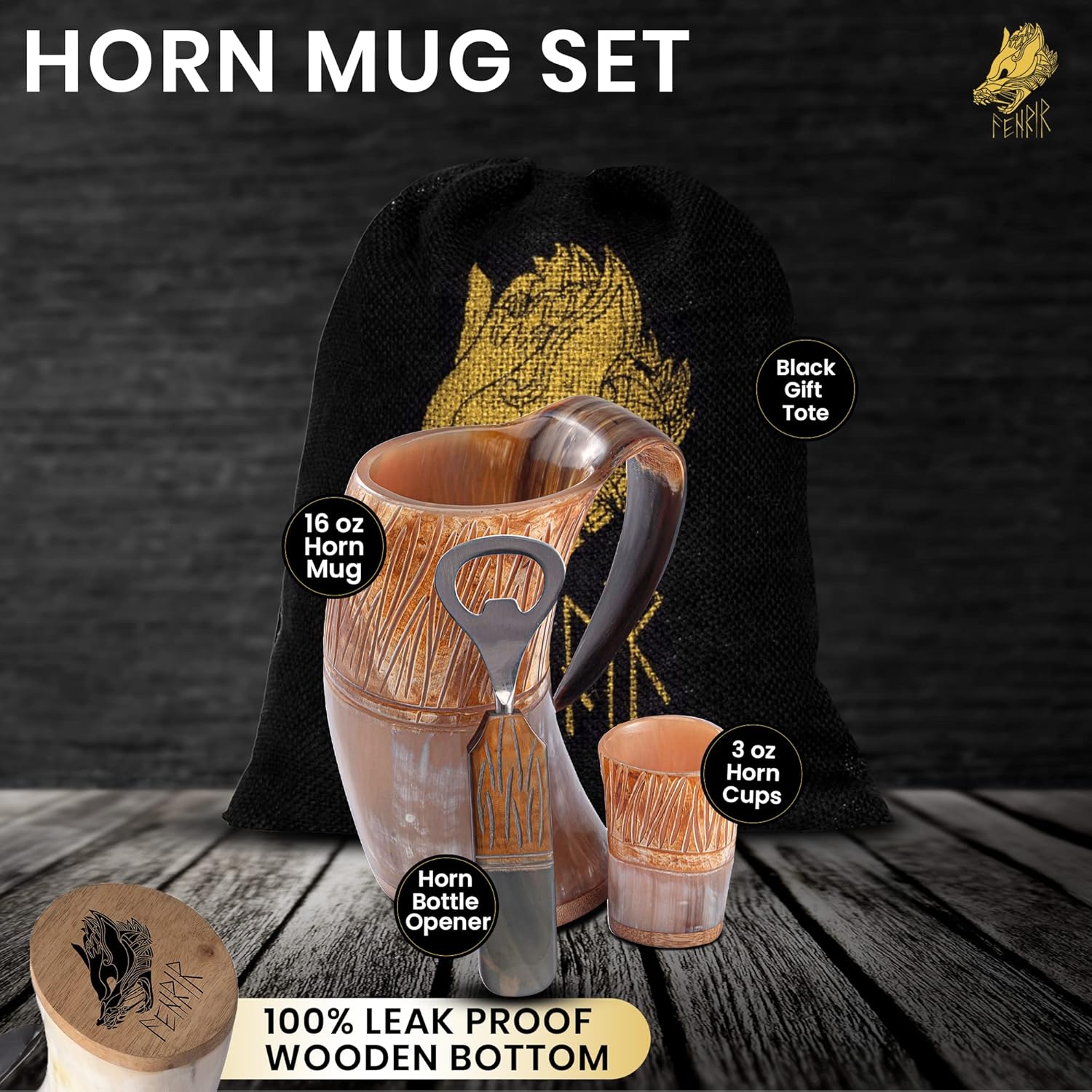 FENRIR Taza de cuerno de buey vikingo prémium para cerveza y aguamiel y cerveza y jarra de bebida fría, taza con acabado natural con vidrio corto y